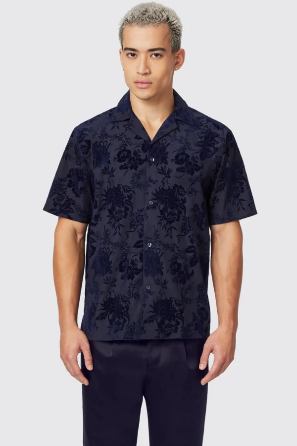 Twisted Tailor Albon Navy Floral Flocked Short Sleeve Shirt | Style·Patterned Shirts | Style·Floral Shirts