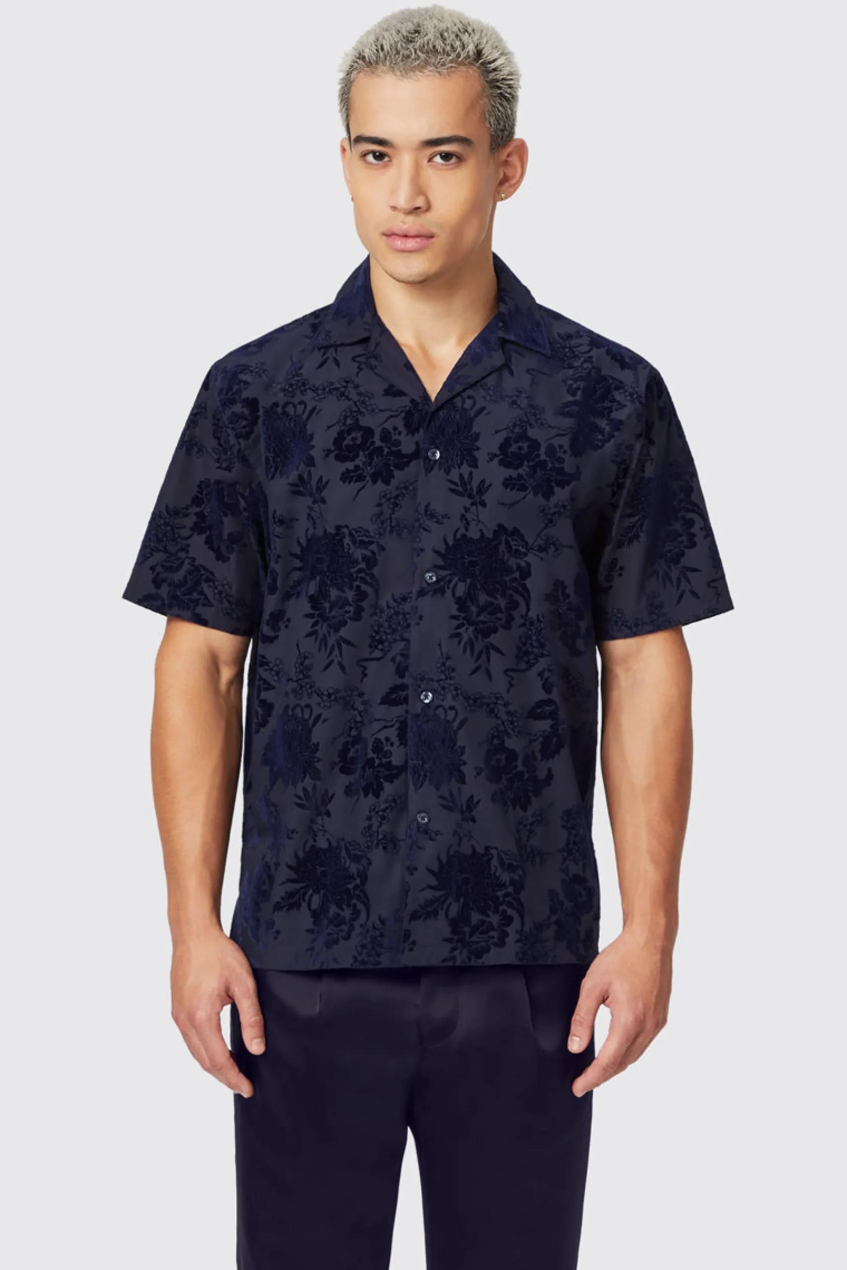 Twisted Tailor Albon Navy Floral Flocked Short Sleeve Shirt | Style·Patterned Shirts | Style·Floral Shirts