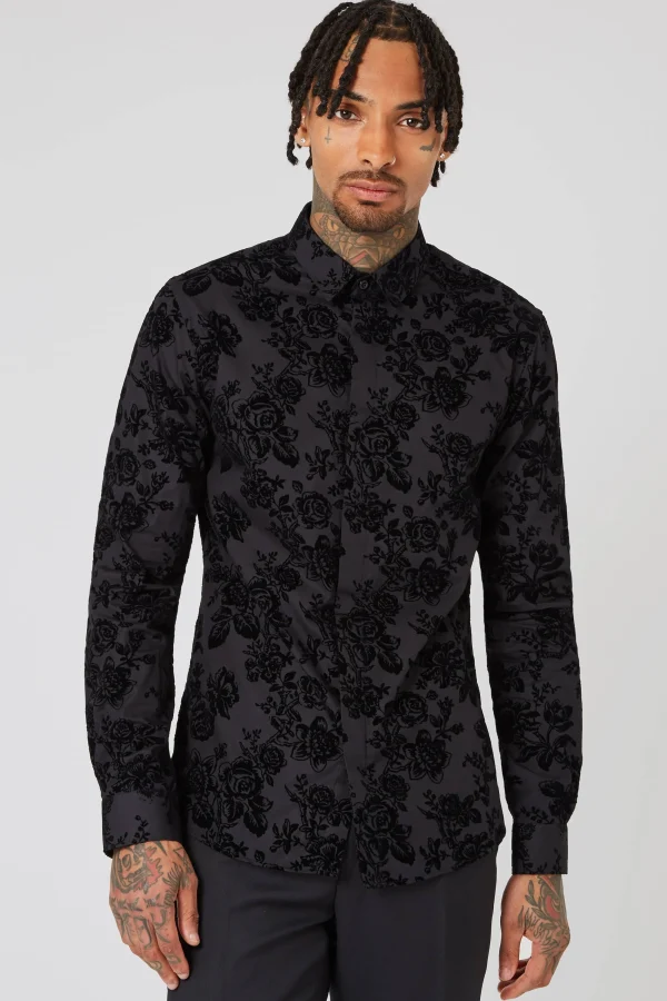 Twisted Tailor Armada Skinny Fit Black Floral Flocked Cotton Shirt | Style·Floral Shirts | Occasion·Formal Shirts
