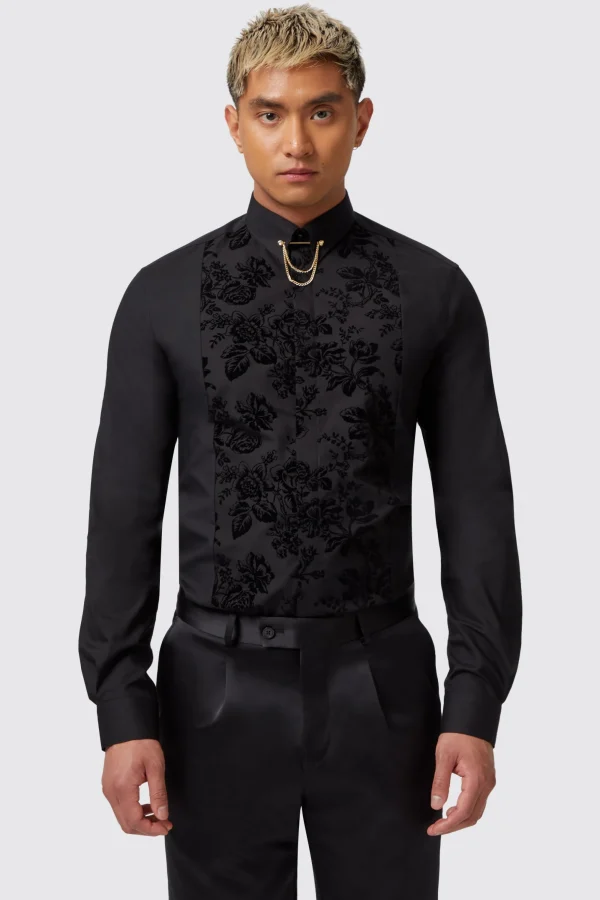 Twisted Tailor Barilla Slim Fit Black Flocked Floral Shirt | Occasion·Wedding Shirts | Occasion·Formal Shirts