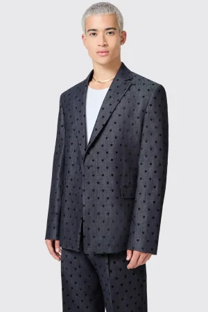 Twisted Tailor Blugi Slim Fit Blue Denim Heart Flocked Cotton Jacket | Unisex | Jackets·Casual Jackets