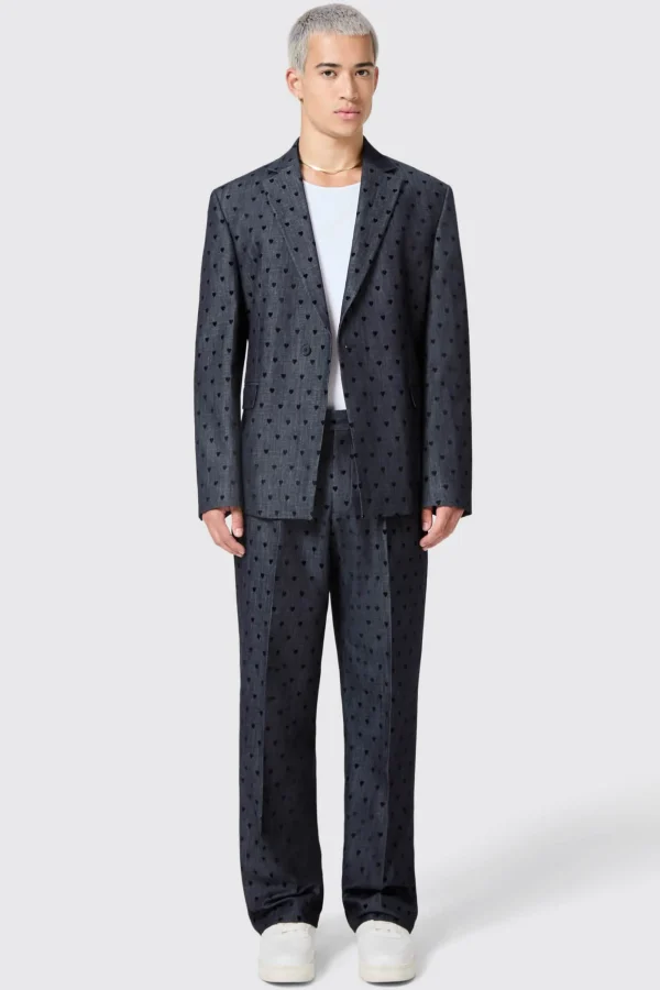 Twisted Tailor Blugi Slim Fit Blue Denim Heart Flocked Cotton Suit | Unisex | Jackets·Casual Jackets
