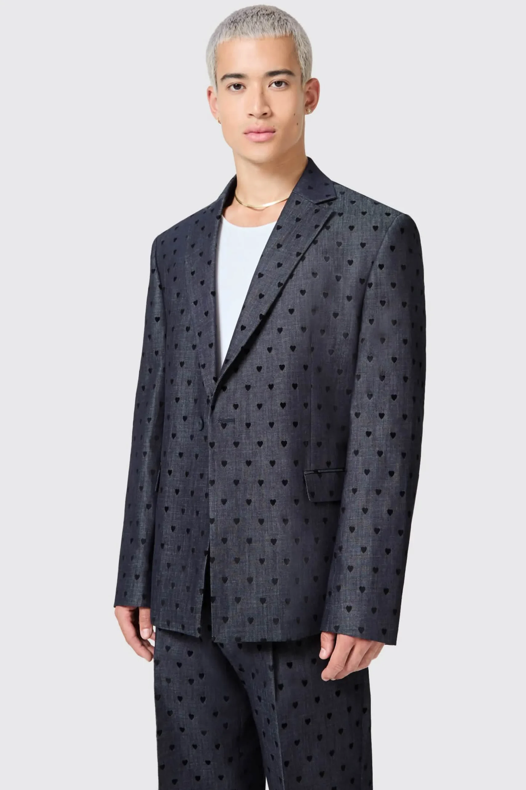 Twisted Tailor Blugi Slim Fit Blue Denim Heart Flocked Cotton Suit | Unisex | Jackets·Casual Jackets