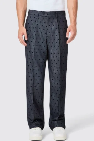 Twisted Tailor Blugi Slim Fit Blue Denim Heart Flocked Cotton Trousers | Unisex | Trousers·Casual Trousers