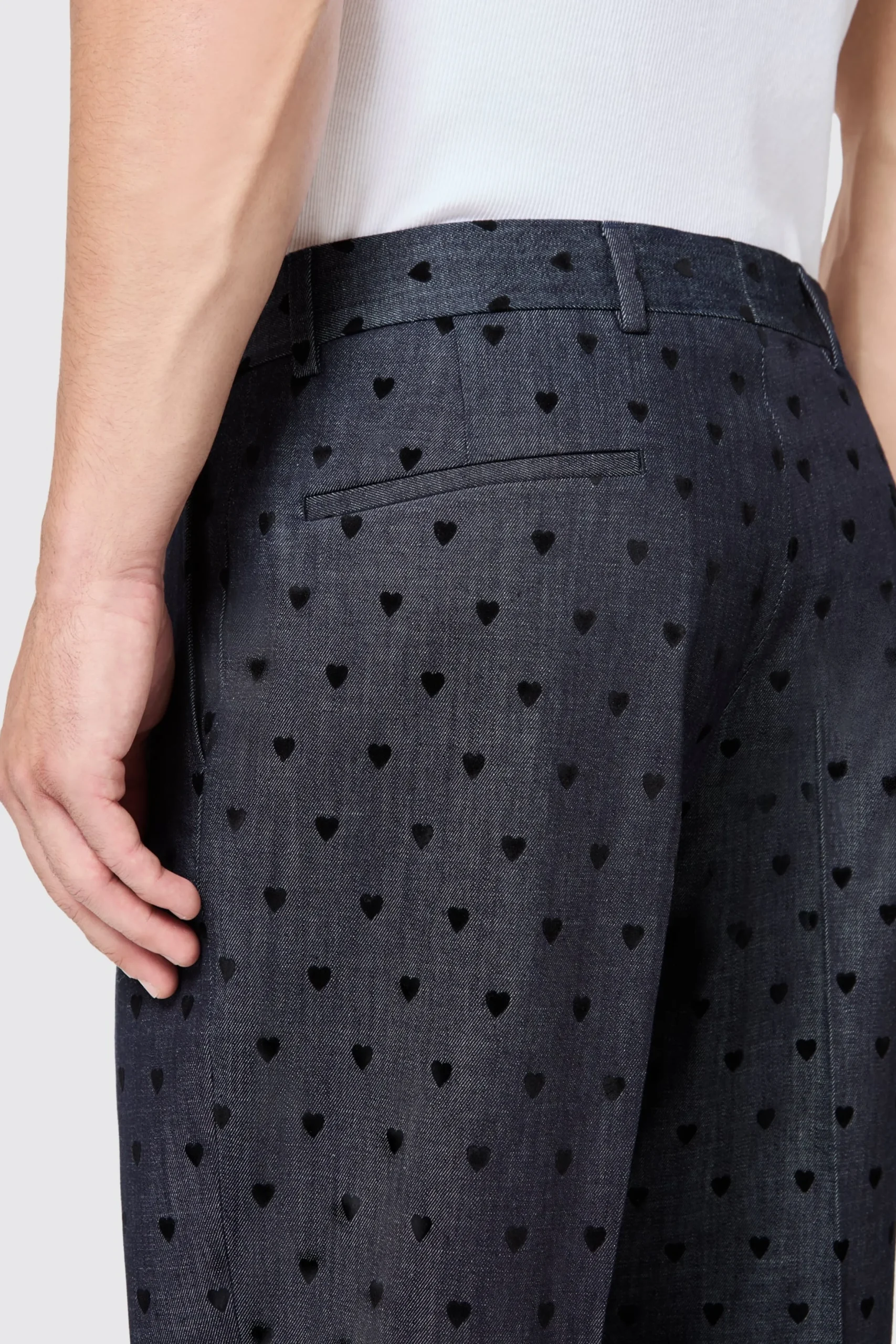 Twisted Tailor Blugi Slim Fit Blue Denim Heart Flocked Cotton Trousers | Unisex | Trousers·Casual Trousers