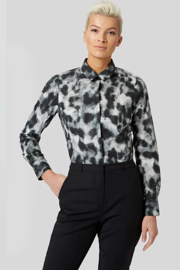 Twisted Tailor Burma Slim Fit Black Patterned Cotton Shirt | Woman