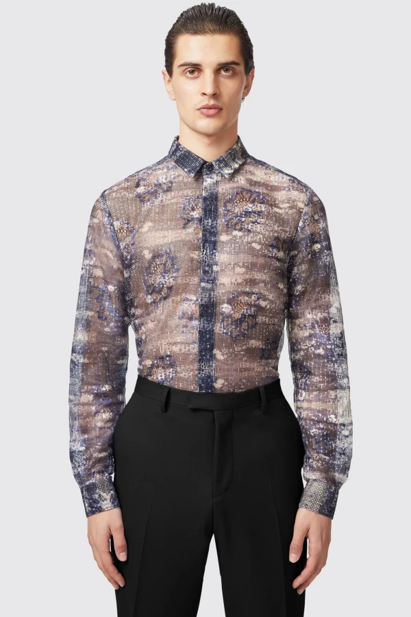 Twisted Tailor Caples Slim Fit Blue Mesh Shirt | Style·Patterned Shirts | Occasion·Party Shirts