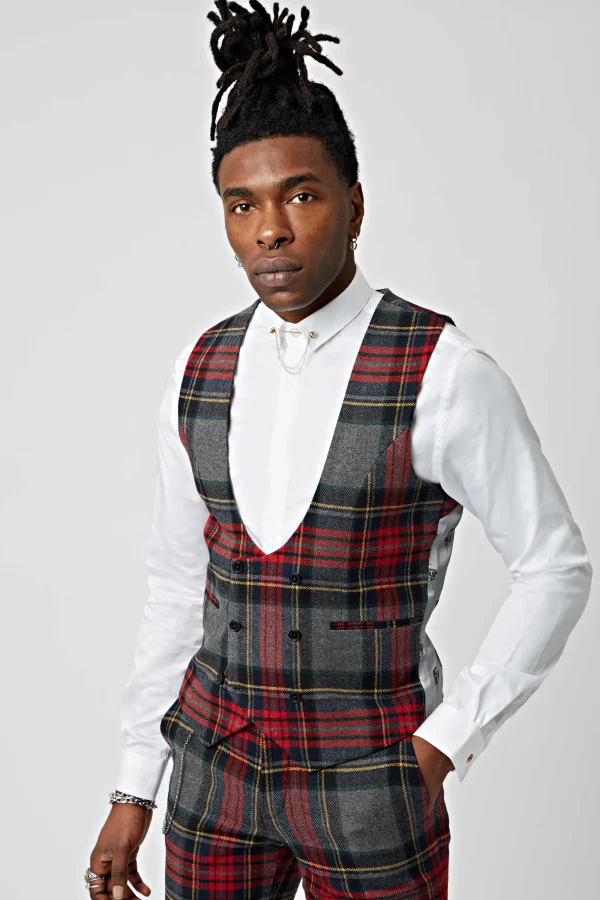 Twisted Tailor Cardosi Skinny Fit Red Tartan Wool Waistcoat | Waistcoats