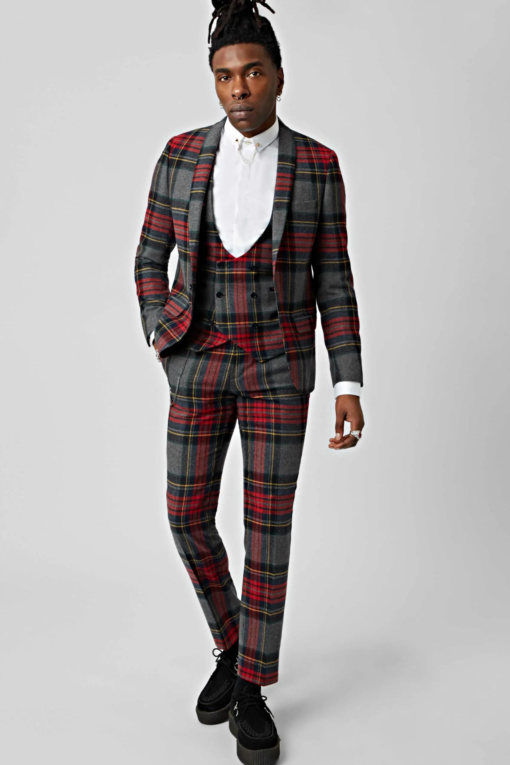 Twisted Tailor Cardosi Skinny Fit Red Tartan Wool Waistcoat | Waistcoats
