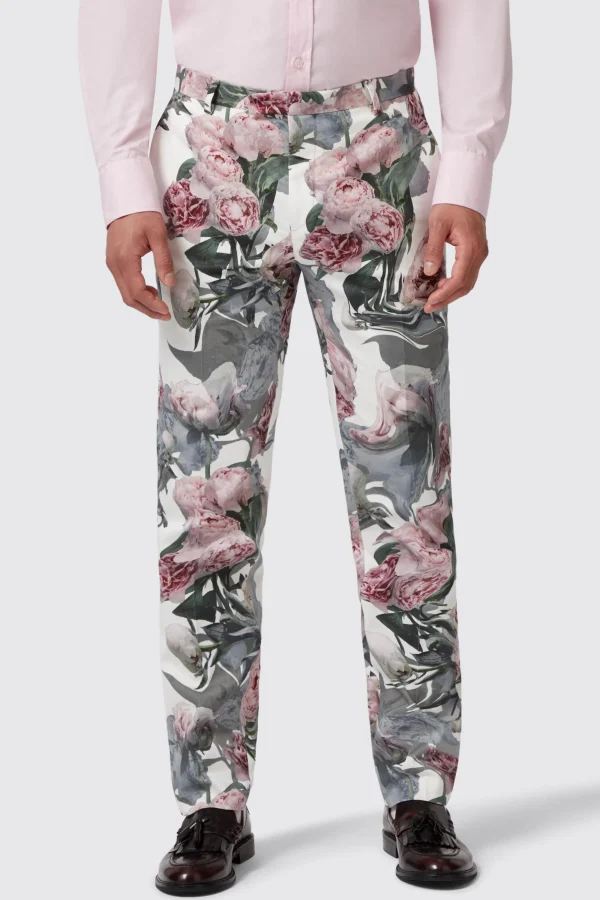 Twisted Tailor Dali Skinny Fit White Cotton Floral Trousers | Trousers·Party Trousers | Trousers·Floral Trousers