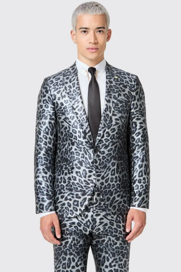 Twisted Tailor Devries Slim Fit Silver Leopard Print Tuxedo Jacket | Jackets·Party Jackets