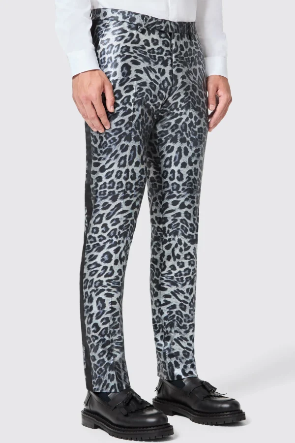 Twisted Tailor Devries Slim Fit Silver Leopard Print Tuxedo Trousers | Trousers·Party Trousers