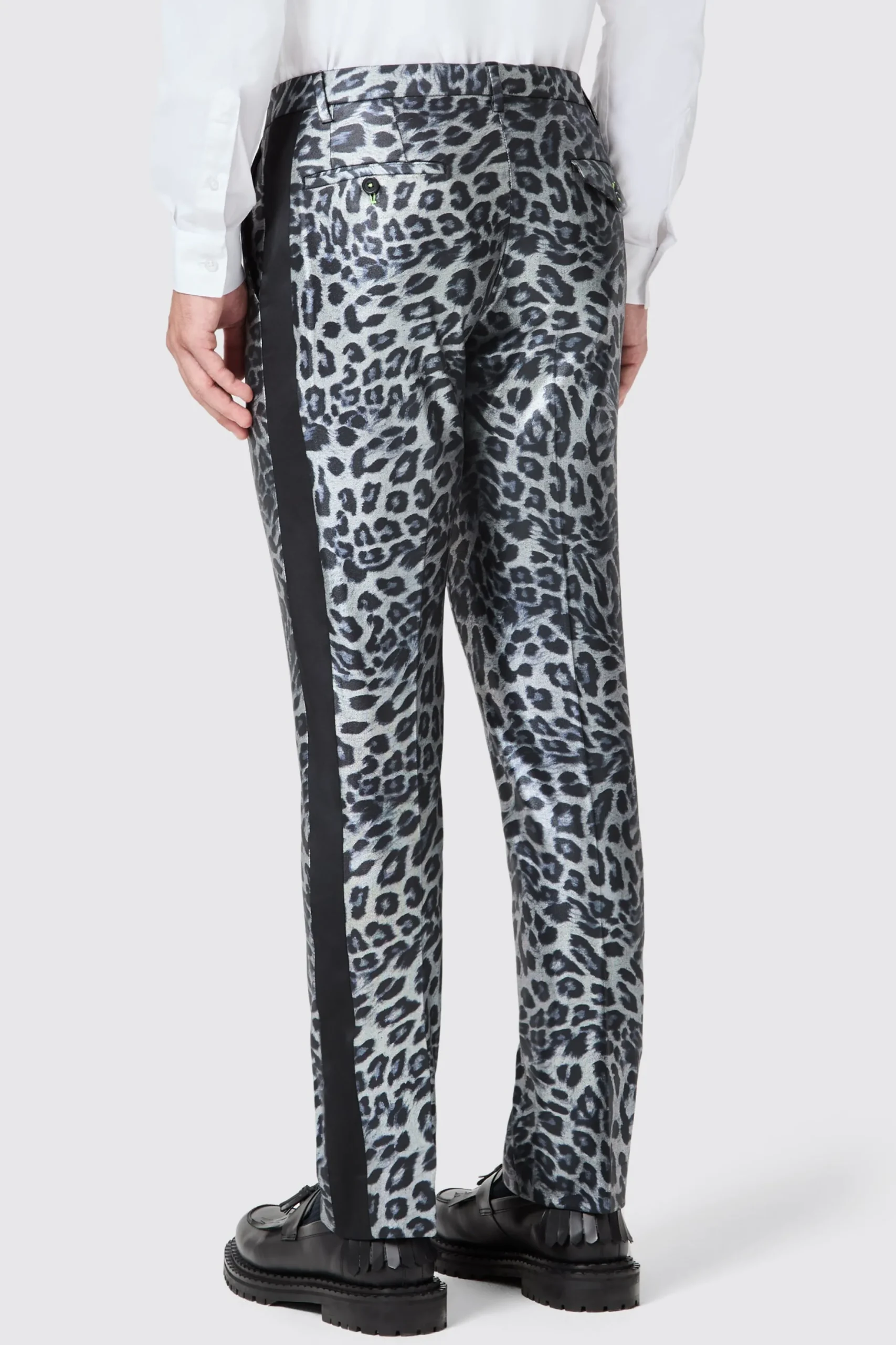 Twisted Tailor Devries Slim Fit Silver Leopard Print Tuxedo Trousers | Trousers·Party Trousers