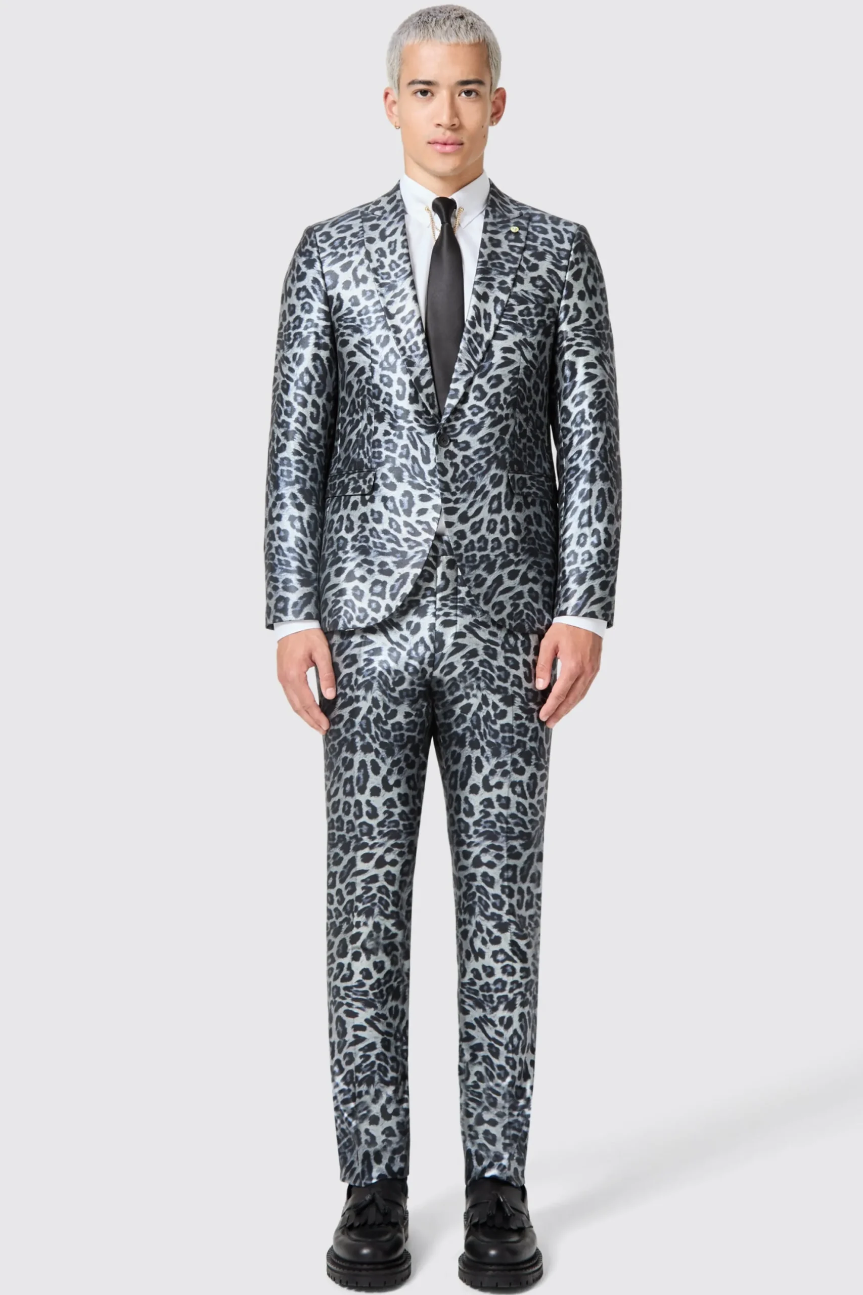 Twisted Tailor Devries Slim Fit Silver Leopard Print Tuxedo Trousers | Trousers·Party Trousers