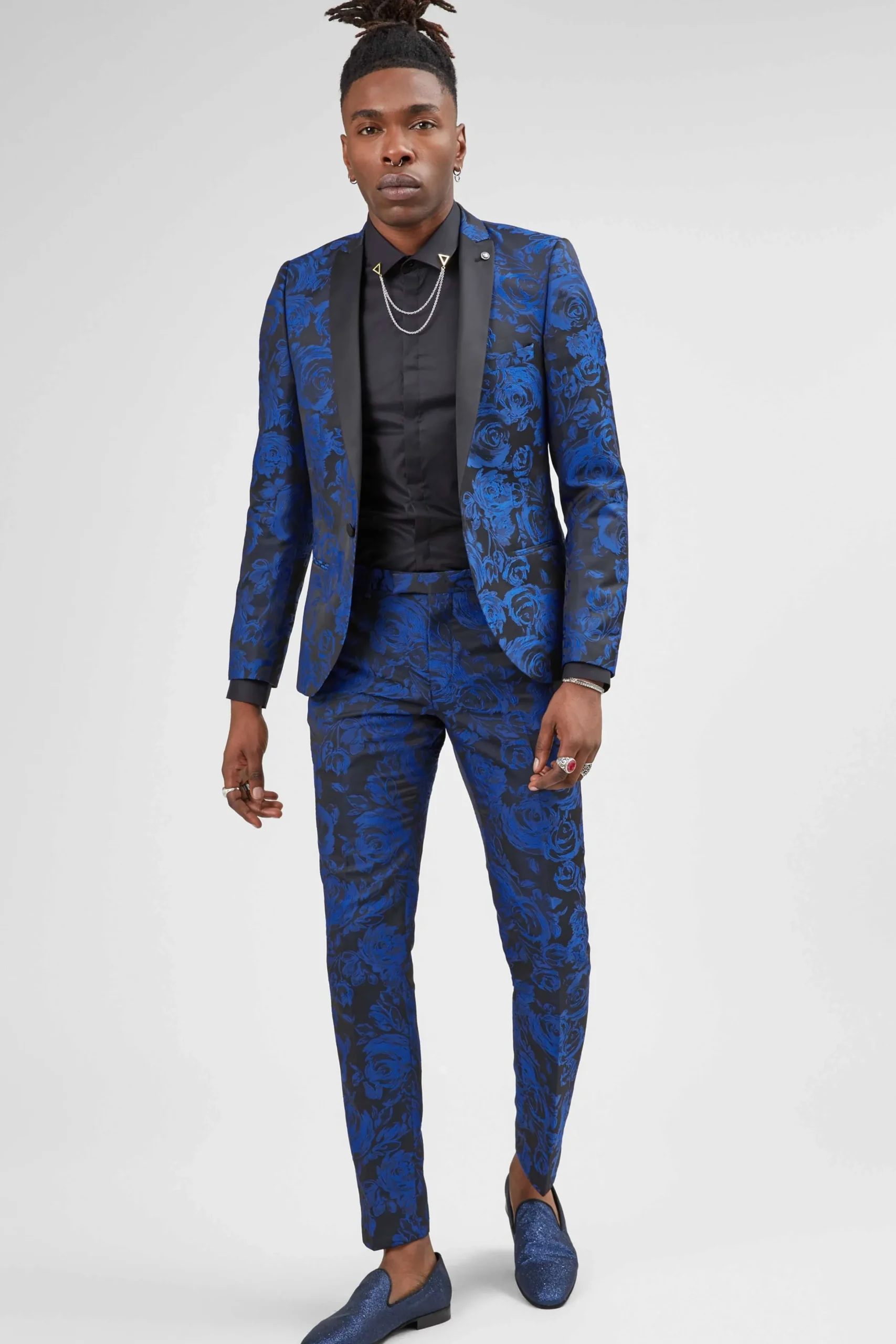 Twisted Tailor Ersat Skinny Fit Blue Floral Tuxedo Trousers | Trousers·Floral Trousers | Trousers·Party Trousers