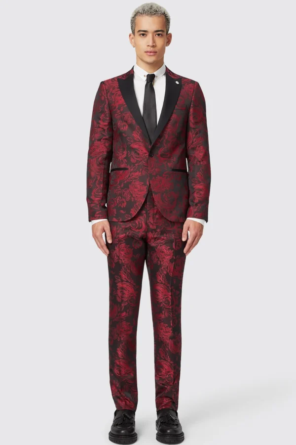 Twisted Tailor Ersat Skinny Fit Red Floral Jacquard Tuxedo | Style·Floral Suits | Style·2 Piece Suits