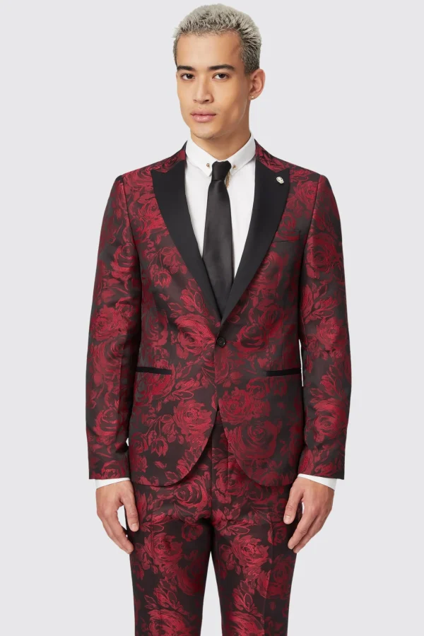 Twisted Tailor Ersat Skinny Fit Red Floral Jacquard Tuxedo Jacket | Jackets·Floral Jackets | Jackets·Party Jackets