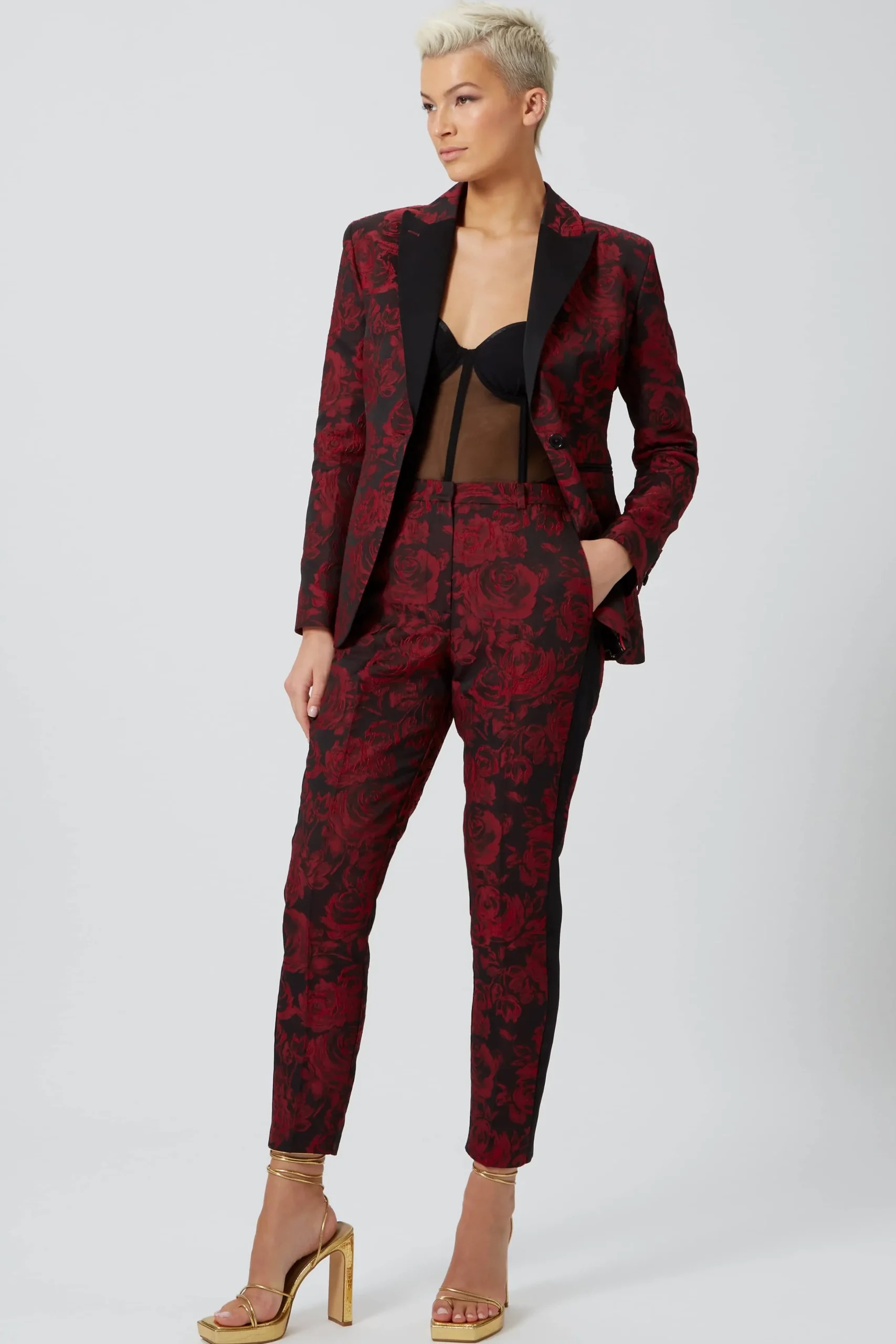 Twisted Tailor Ersilia Skinny Fit Red Floral Trousers | Woman