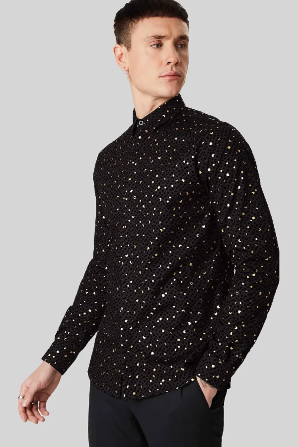 Twisted Tailor Farrow Black Skinny Fit Shirt With Black And Gold Spot Print | Style·Patterned Shirts | Occasion·Party Shirts