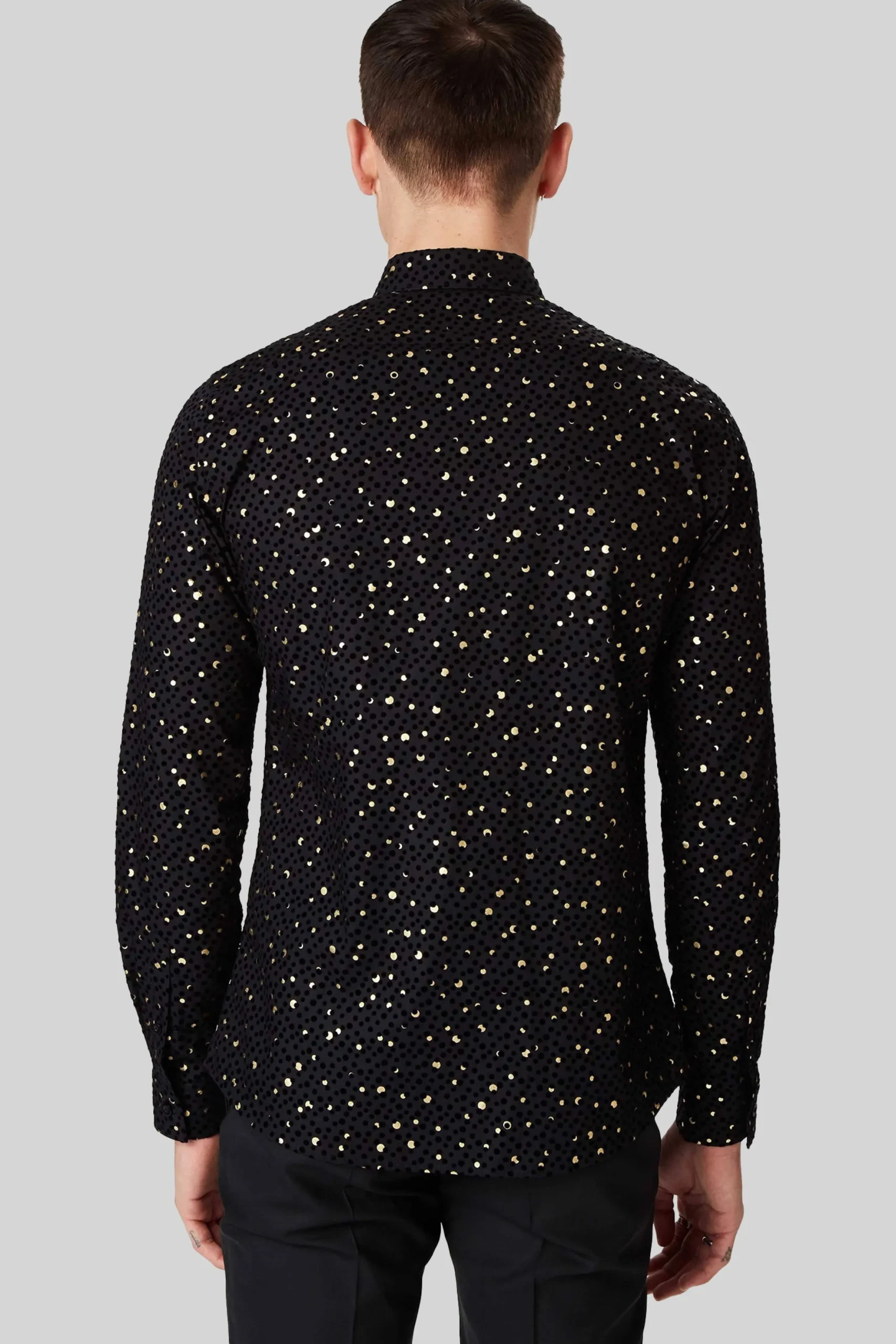 Twisted Tailor Farrow Black Skinny Fit Shirt With Black And Gold Spot Print | Style·Patterned Shirts | Occasion·Party Shirts