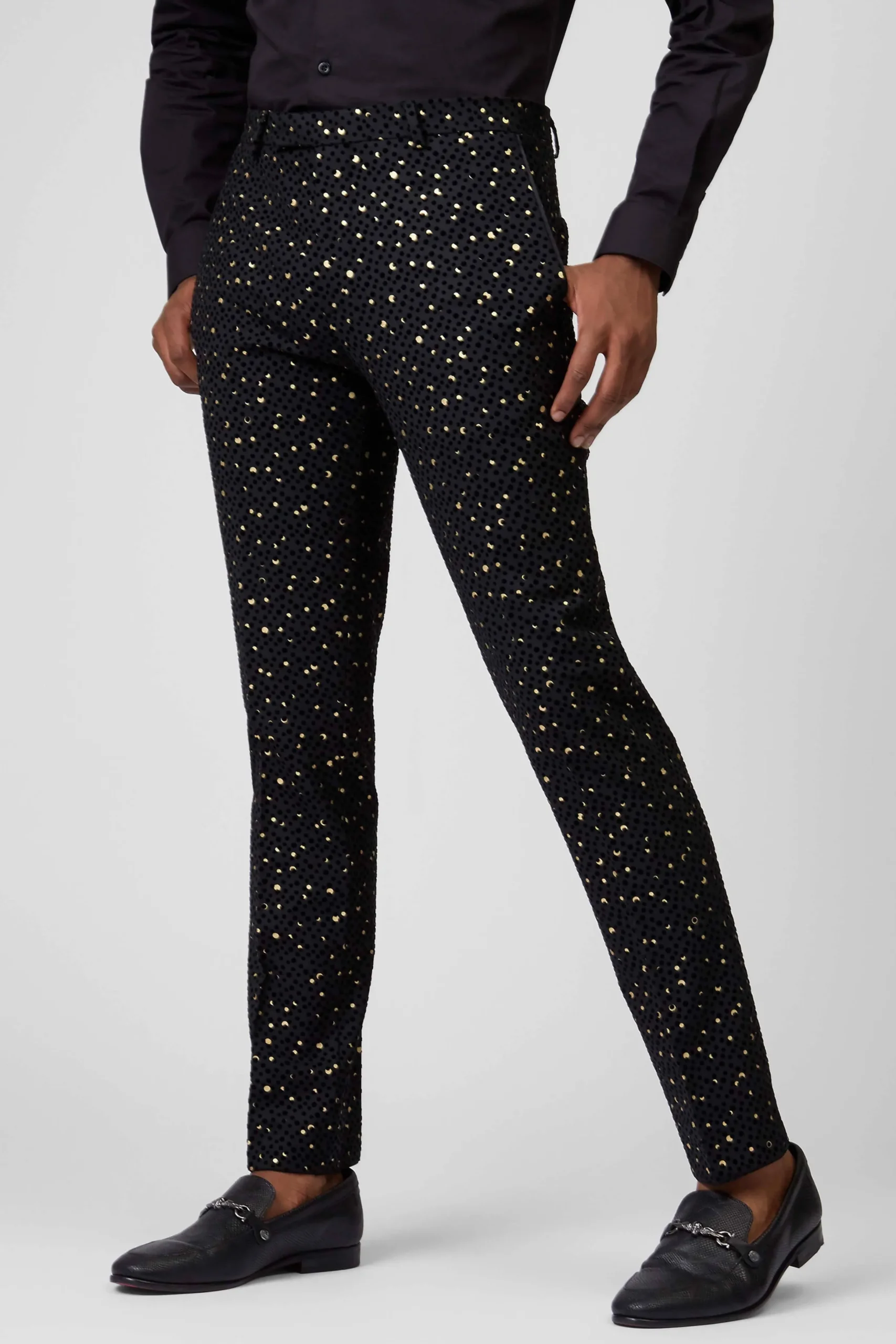 Twisted Tailor Farrow Skinny Fit Black Polka Dot Tuxedo Trousers | Trousers·Party Trousers