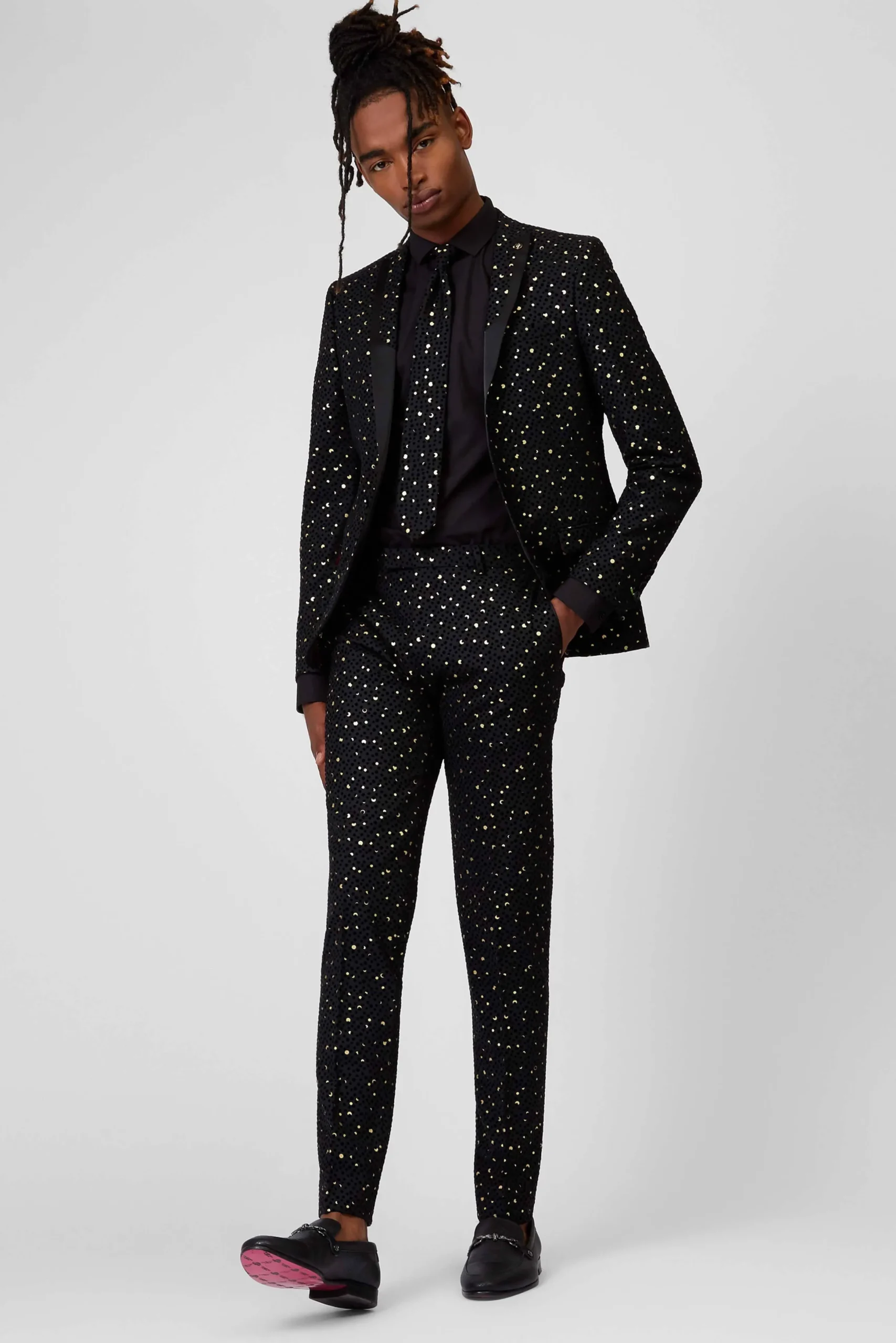 Twisted Tailor Farrow Skinny Fit Black Polka Dot Tuxedo Trousers | Trousers·Party Trousers