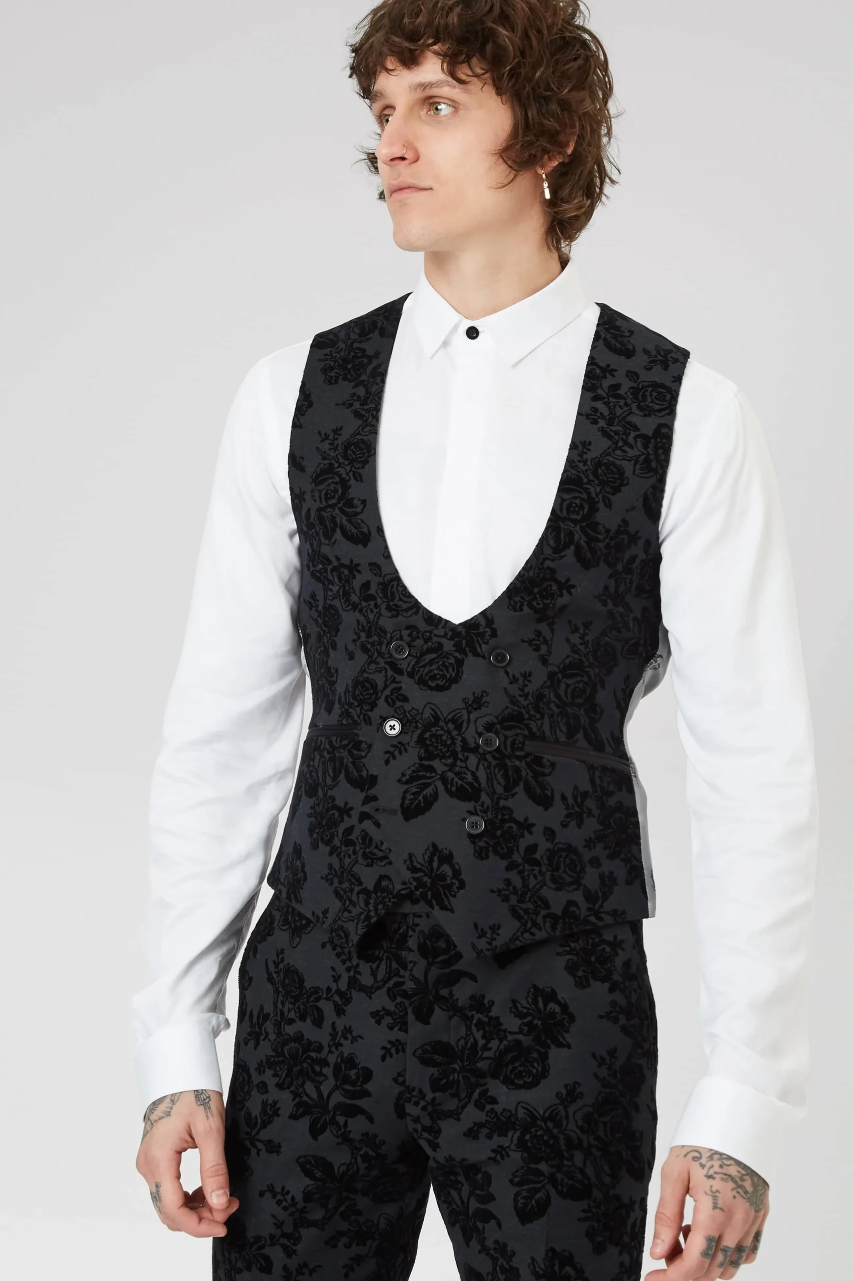 Twisted Tailor Fleet Skinny Fit Black Floral Tuxedo Waistcoat | Waistcoats
