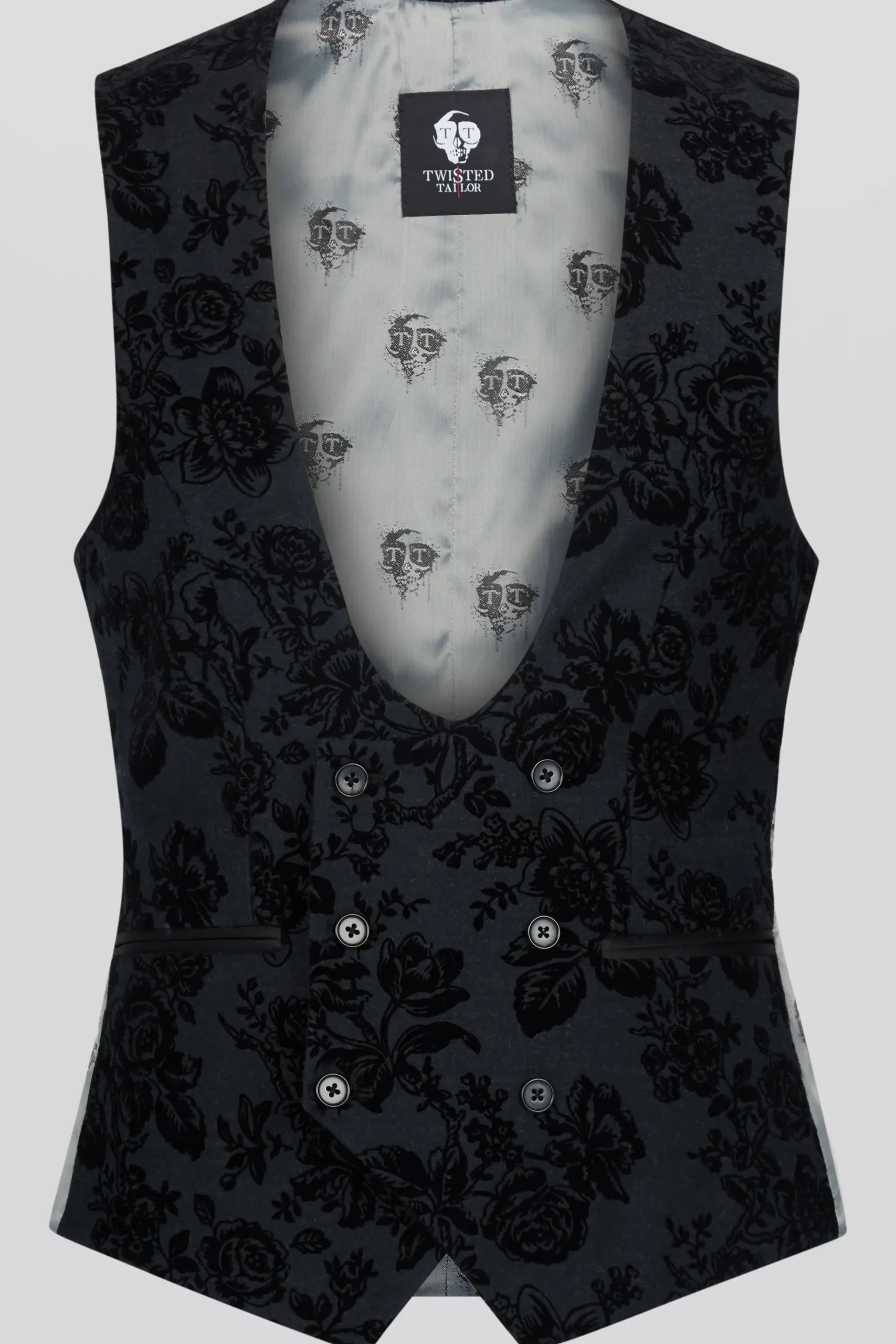 Twisted Tailor Fleet Skinny Fit Black Floral Tuxedo Waistcoat | Waistcoats
