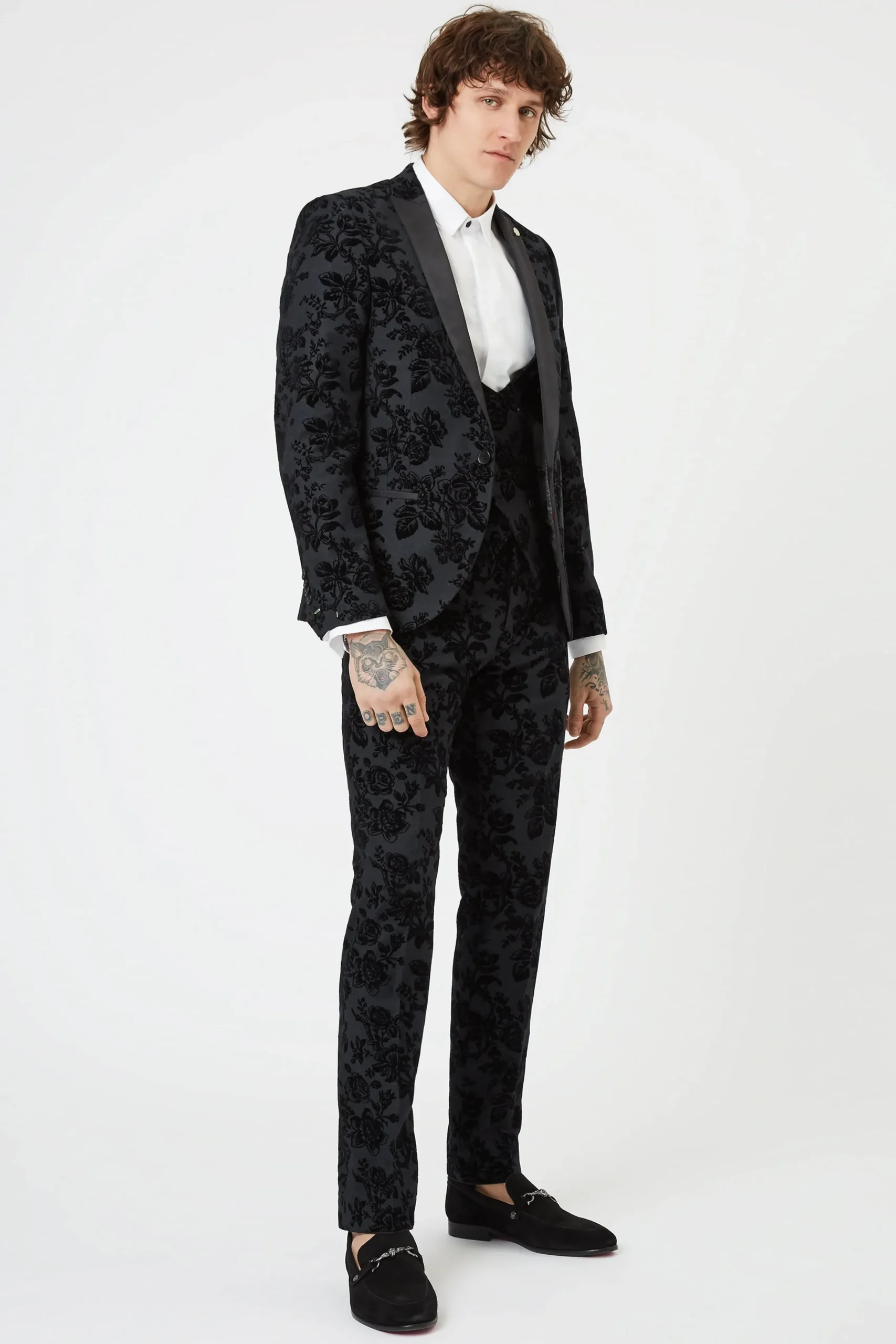 Twisted Tailor Fleet Skinny Fit Black Floral Tuxedo Waistcoat | Waistcoats