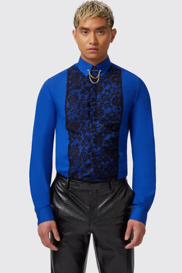 Twisted Tailor Form Skinny Fit Blue Lace Panel Shirt | Style·Patterned Shirts | Style·Plain Shirts