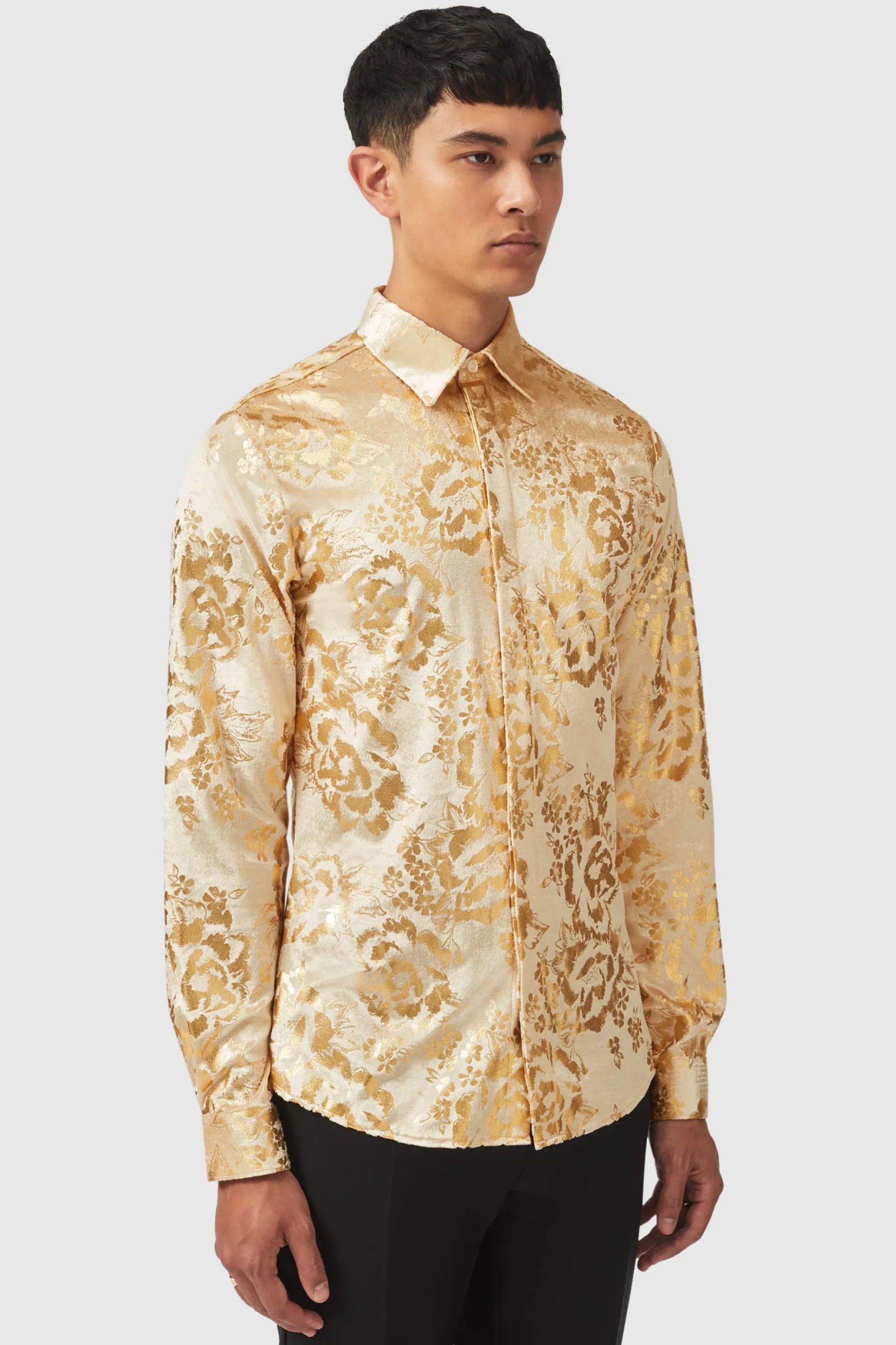 Twisted Tailor Gaines Slim Fit Champagne Velvet Shirt With Floral Print | Style·Floral Shirts | Occasion·Party Shirts
