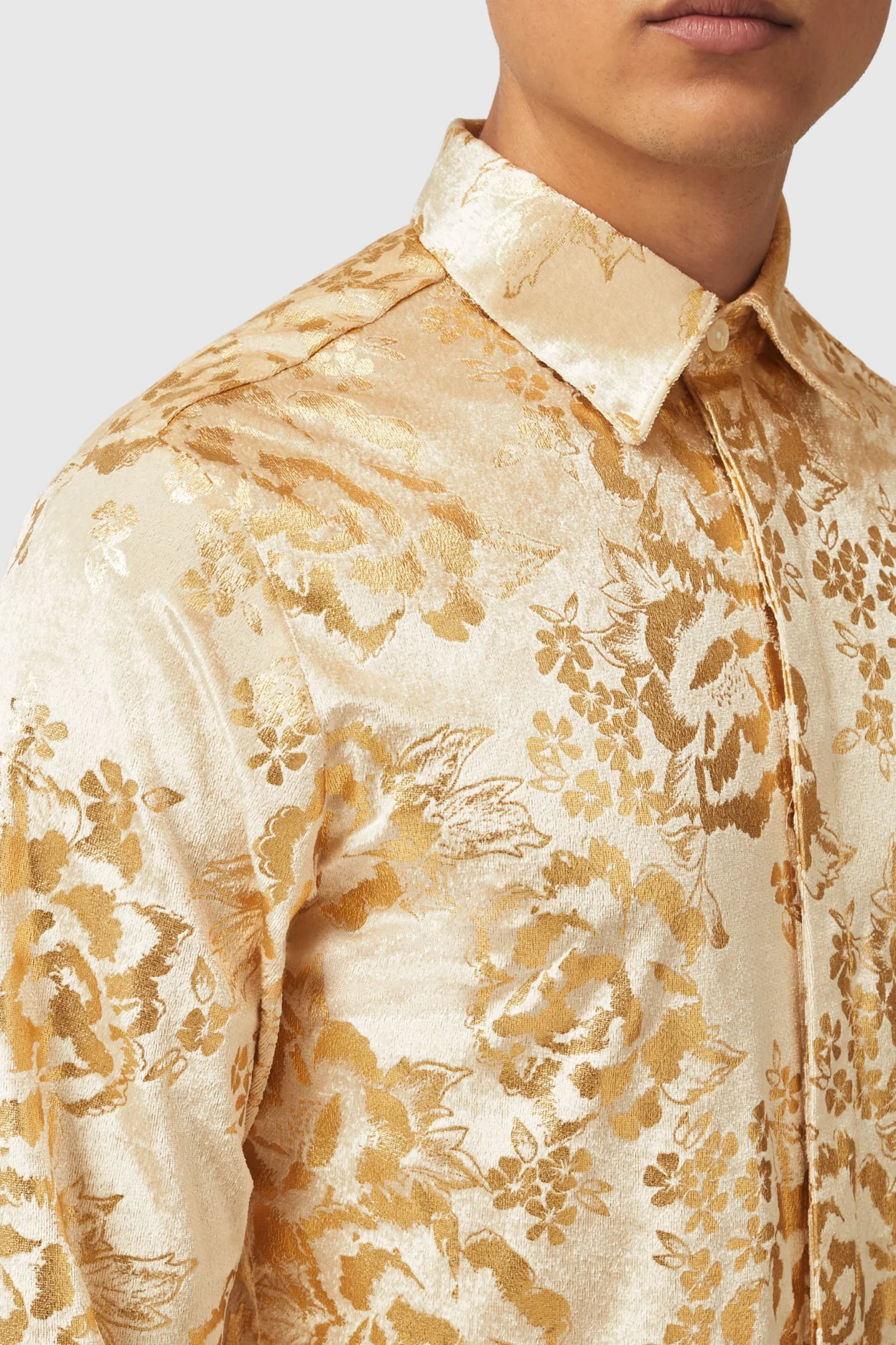Twisted Tailor Gaines Slim Fit Champagne Velvet Shirt With Floral Print | Style·Floral Shirts | Occasion·Party Shirts