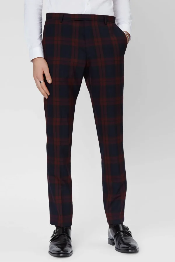 Twisted Tailor Ginger Skinny Fit Burgundy Tartan Trousers | Trousers·Casual Trousers | Trousers·Party Trousers