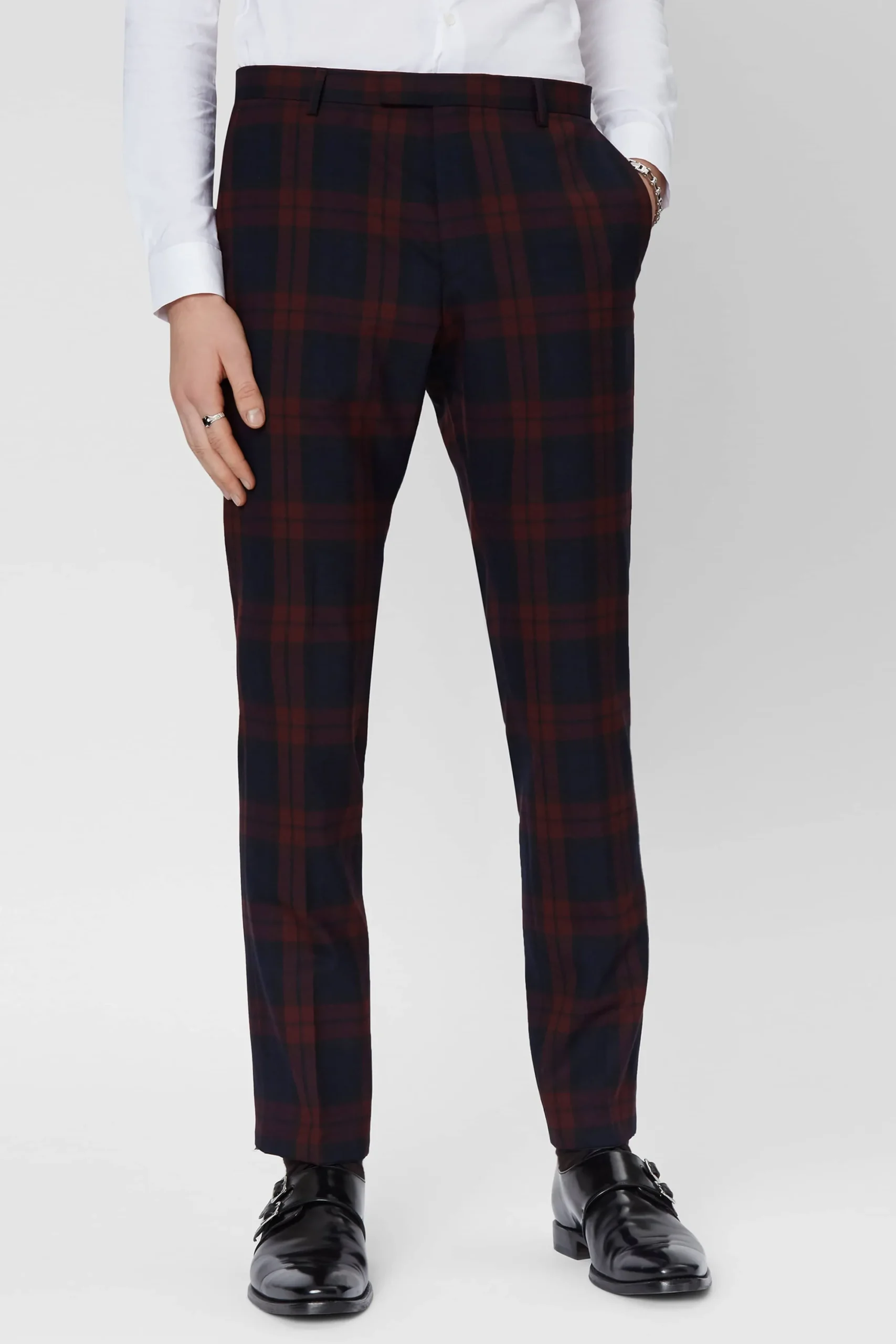 Twisted Tailor Ginger Skinny Fit Burgundy Tartan Trousers | Trousers·Casual Trousers | Trousers·Party Trousers