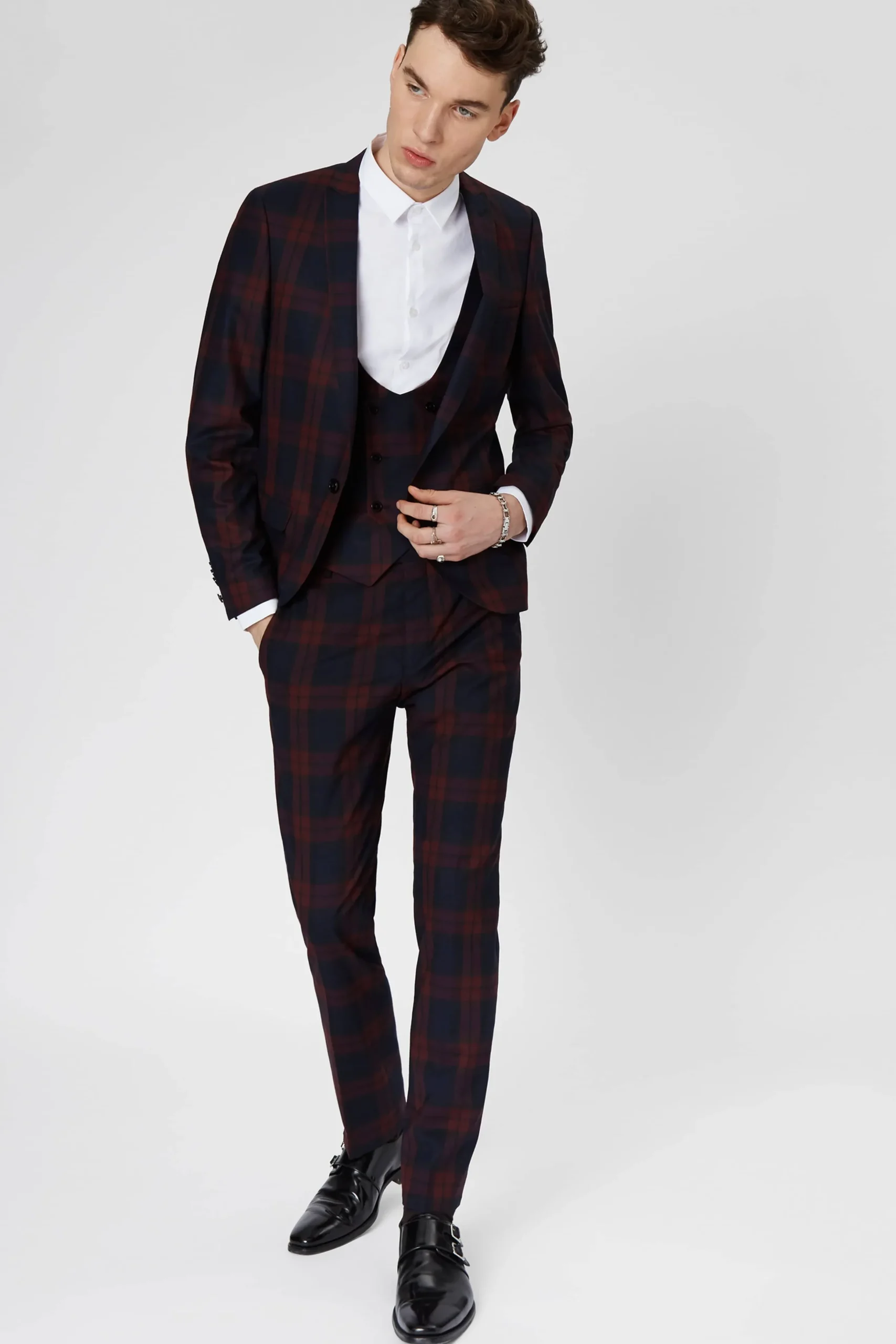 Twisted Tailor Ginger Skinny Fit Burgundy Tartan Trousers | Trousers·Casual Trousers | Trousers·Party Trousers