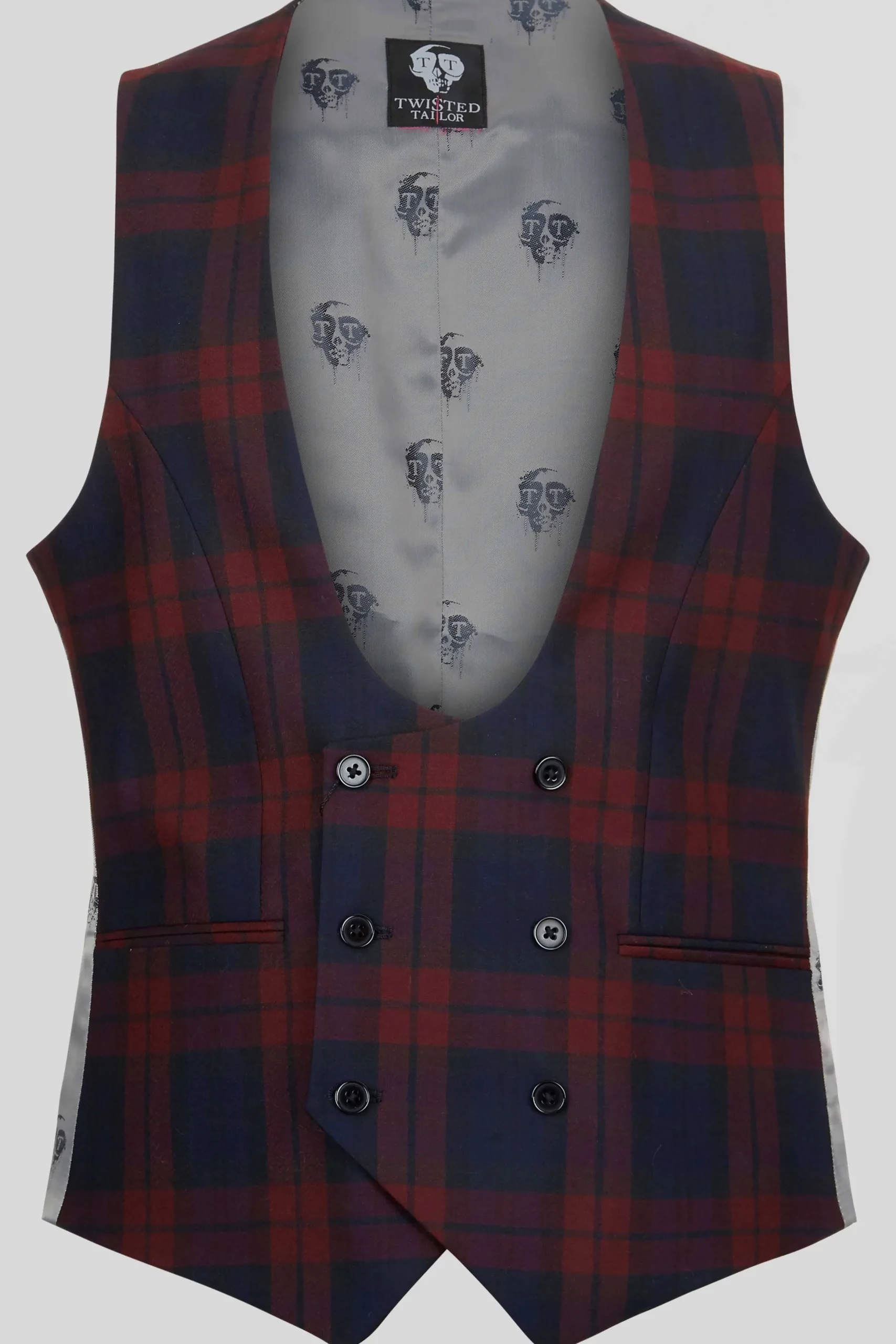 Twisted Tailor Ginger Skinny Fit Burgundy Tartan Waistcoat | Waistcoats
