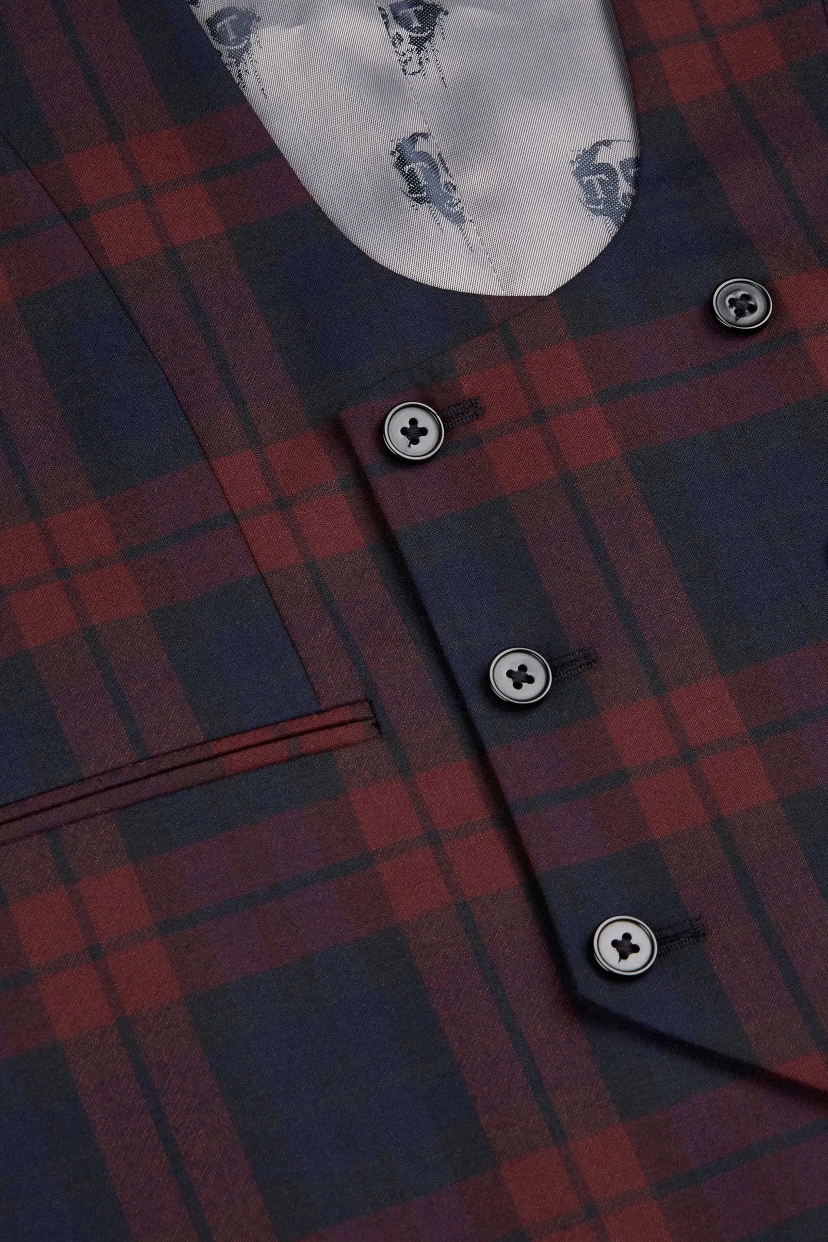 Twisted Tailor Ginger Skinny Fit Burgundy Tartan Waistcoat | Waistcoats