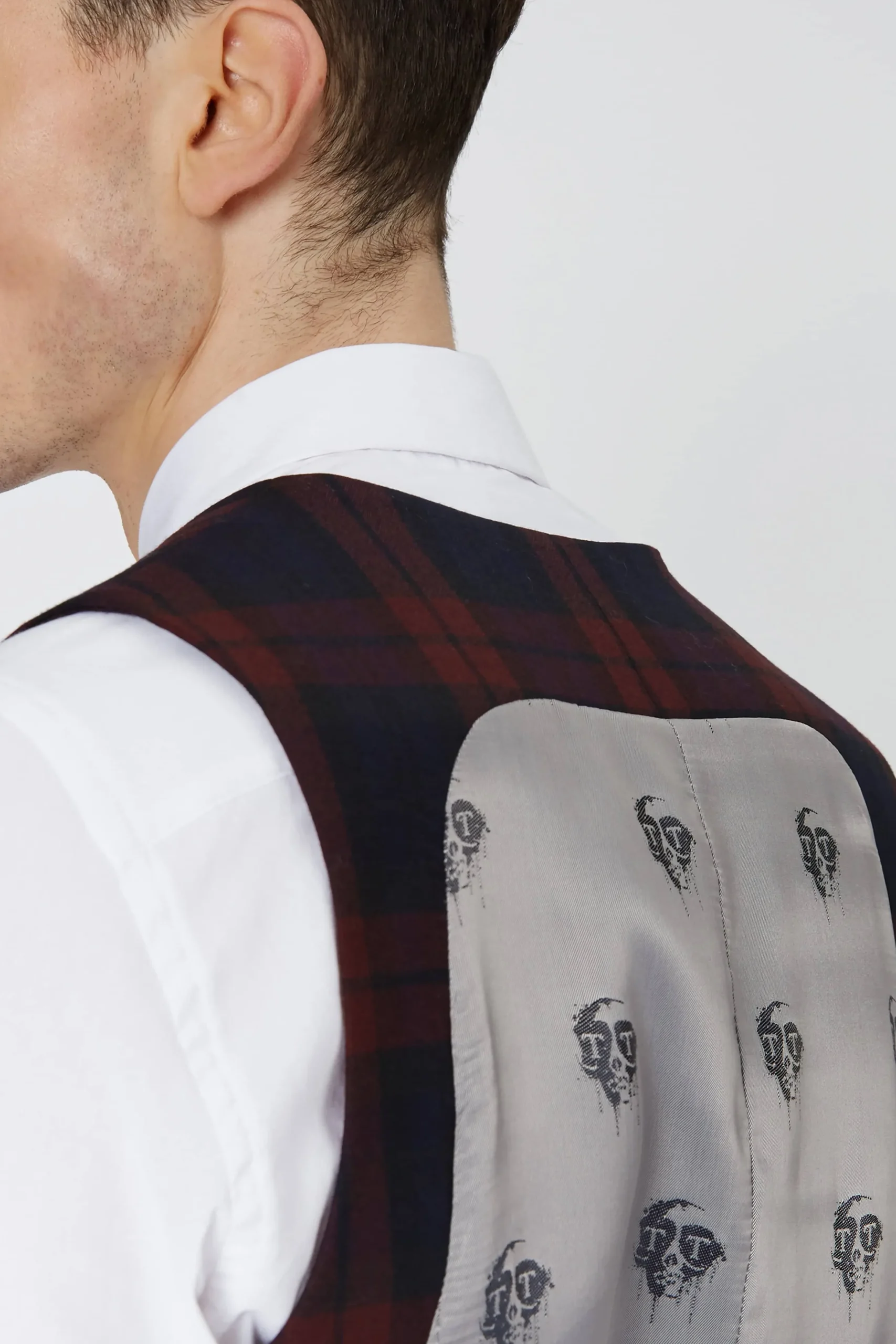 Twisted Tailor Ginger Skinny Fit Burgundy Tartan Waistcoat | Waistcoats