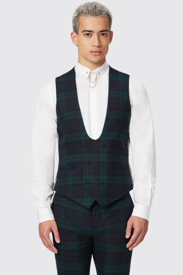 Twisted Tailor Ginger Skinny Fit Green Tartan Waistcoat | Waistcoats