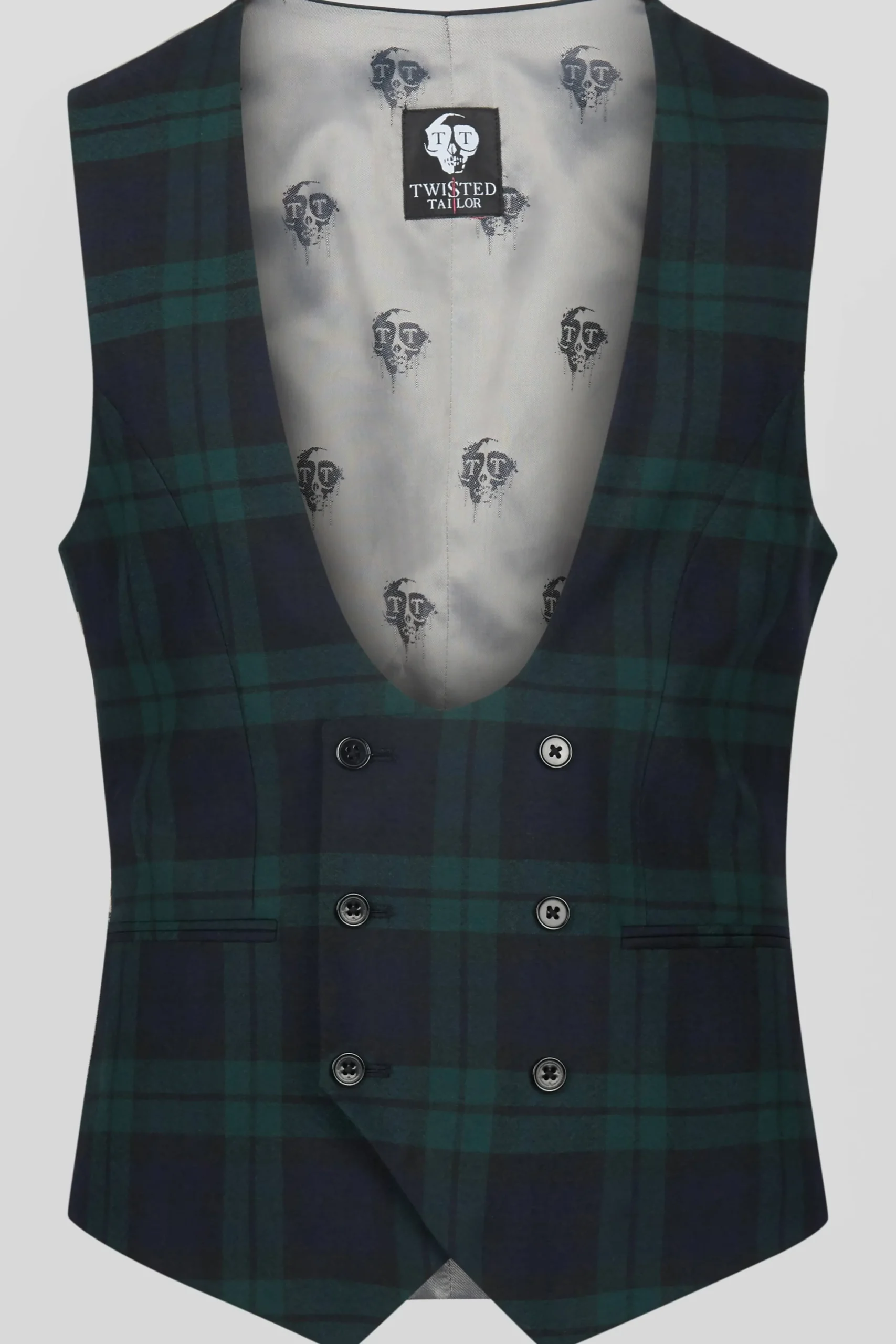 Twisted Tailor Ginger Skinny Fit Green Tartan Waistcoat | Waistcoats
