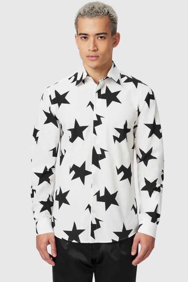 Twisted Tailor Grosjean Slim Fit White Cotton Star Print Shirt | Style·Patterned Shirts | Occasion·Casual Shirts