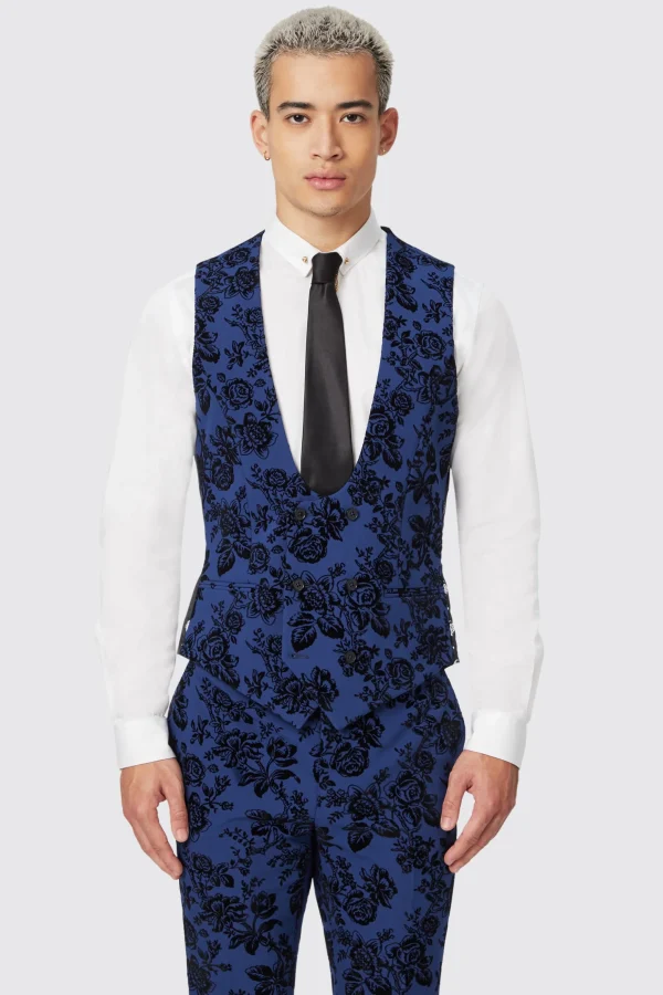 Twisted Tailor Jackalope Blue Waistcoat With Floral Flocking | Waistcoats