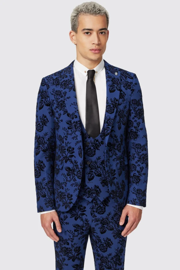 Twisted Tailor Jackalope Skinny Fit Blue Floral Flocked Jacket | Jackets·Floral Jackets | Jackets·Party Jackets