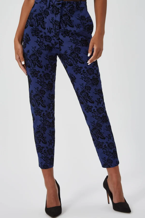 Twisted Tailor Jackalope Skinny Fit Blue Floral Flocked Trousers | Woman