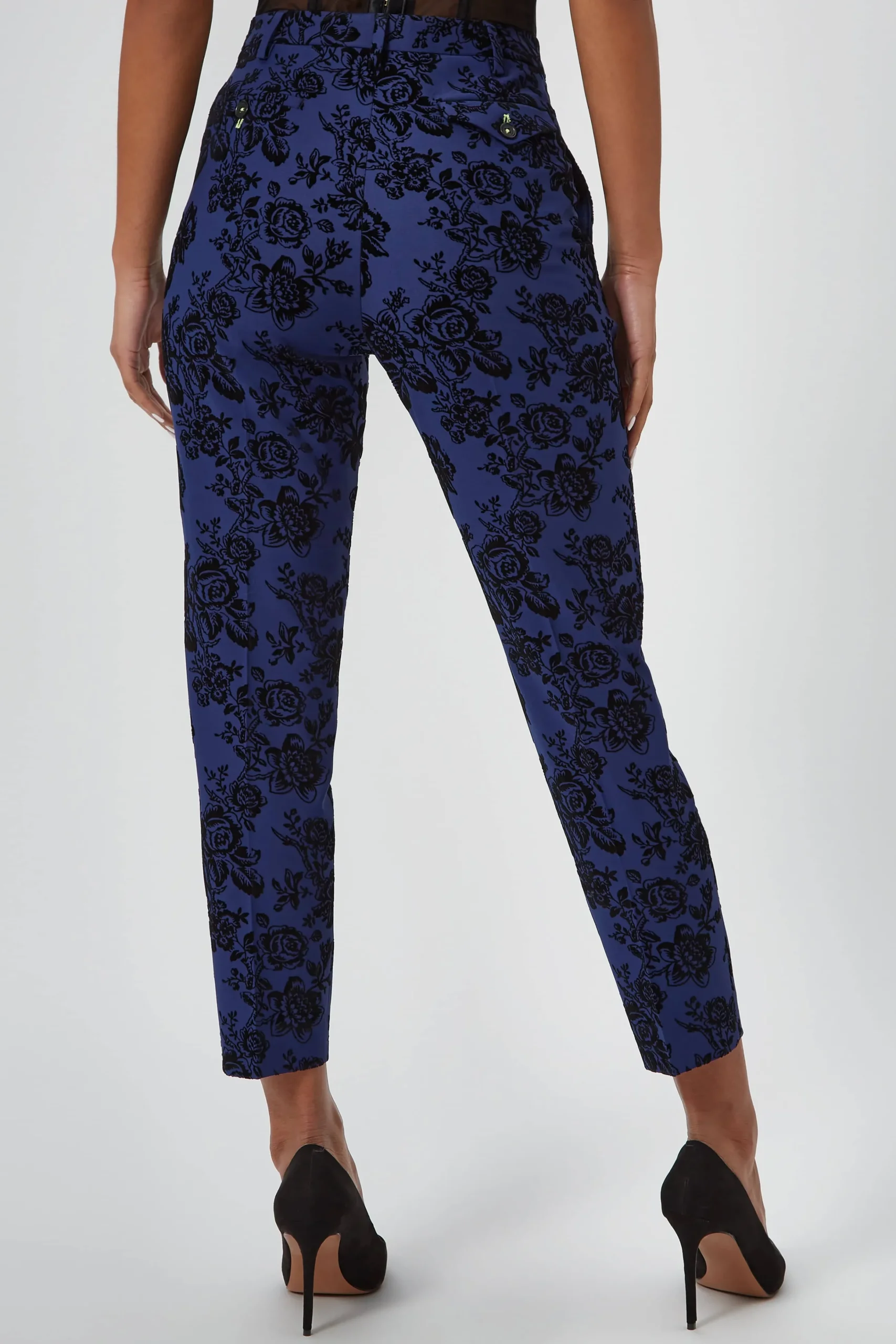 Twisted Tailor Jackalope Skinny Fit Blue Floral Flocked Trousers | Woman