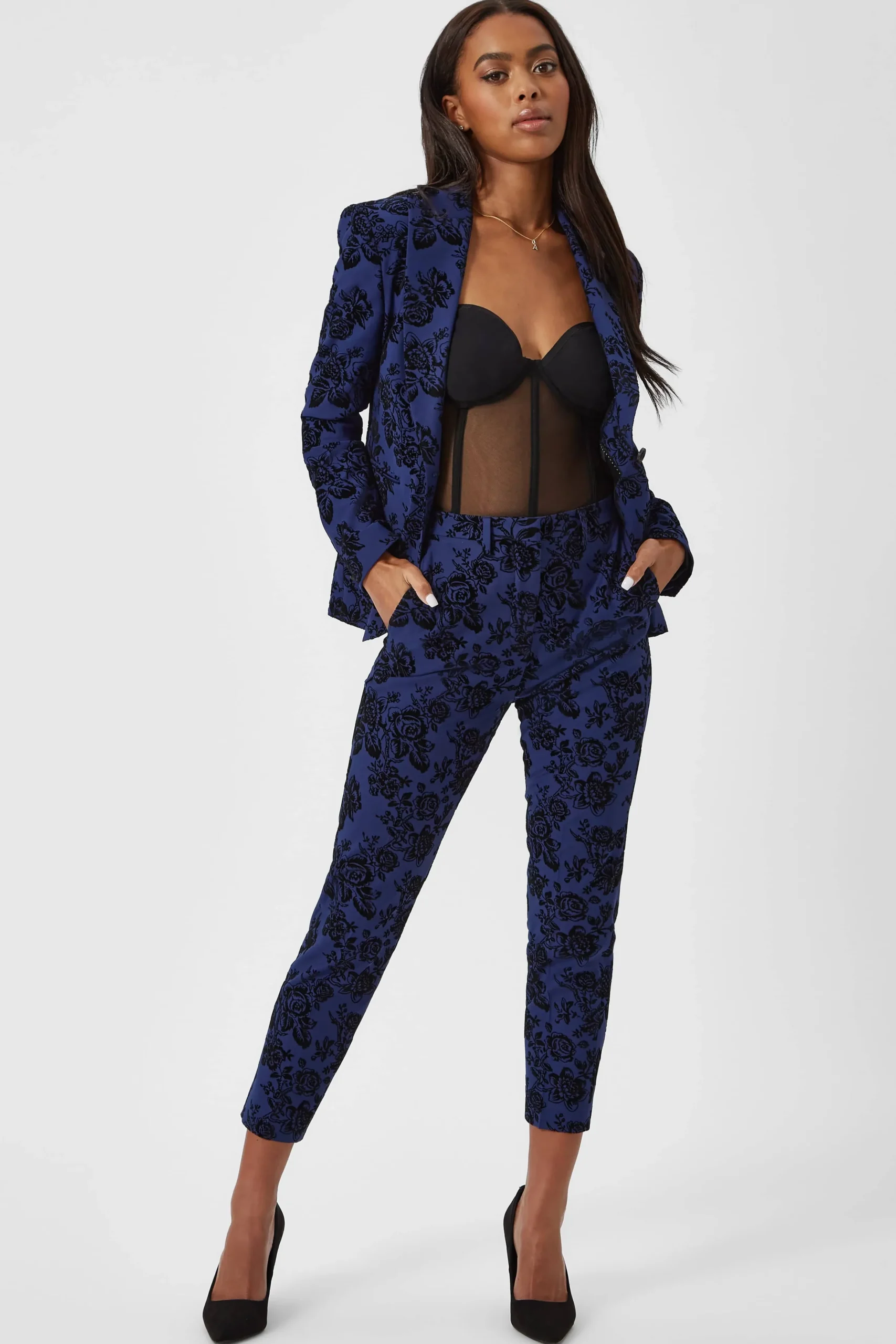 Twisted Tailor Jackalope Skinny Fit Blue Floral Flocked Trousers | Woman