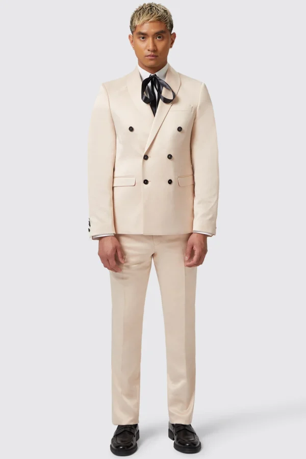 Twisted Tailor Lewis Skinny Fit Double Breasted Beige Sateen Suit | Occasion·Party Suits