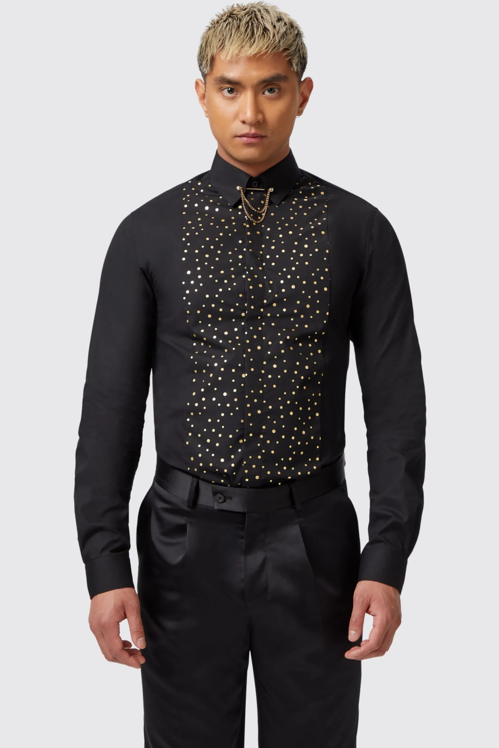Twisted Tailor Luizzi Slim Fit Gold Spot Print Black Cotton Shirt | Style·Patterned Shirts | Occasion·Party Shirts