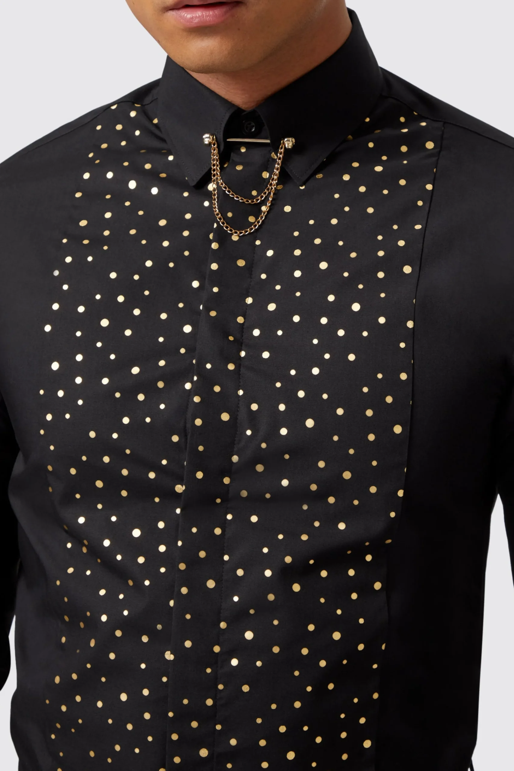 Twisted Tailor Luizzi Slim Fit Gold Spot Print Black Cotton Shirt | Style·Patterned Shirts | Occasion·Party Shirts