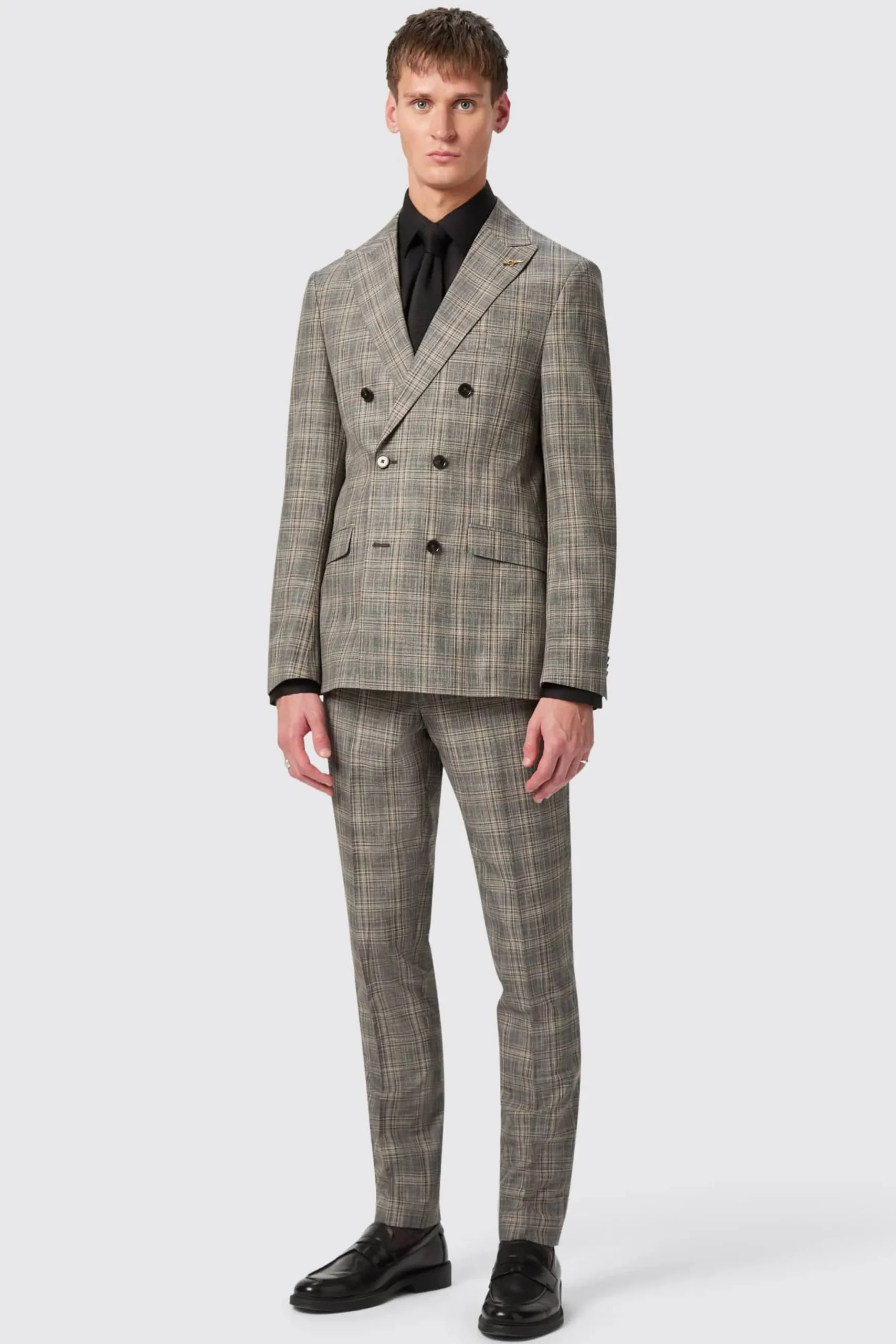 Twisted Tailor Plunkett Slim Fit Grey Check Double Breasted Suit | Style·Check Suits | Style·Double Breasted Suits